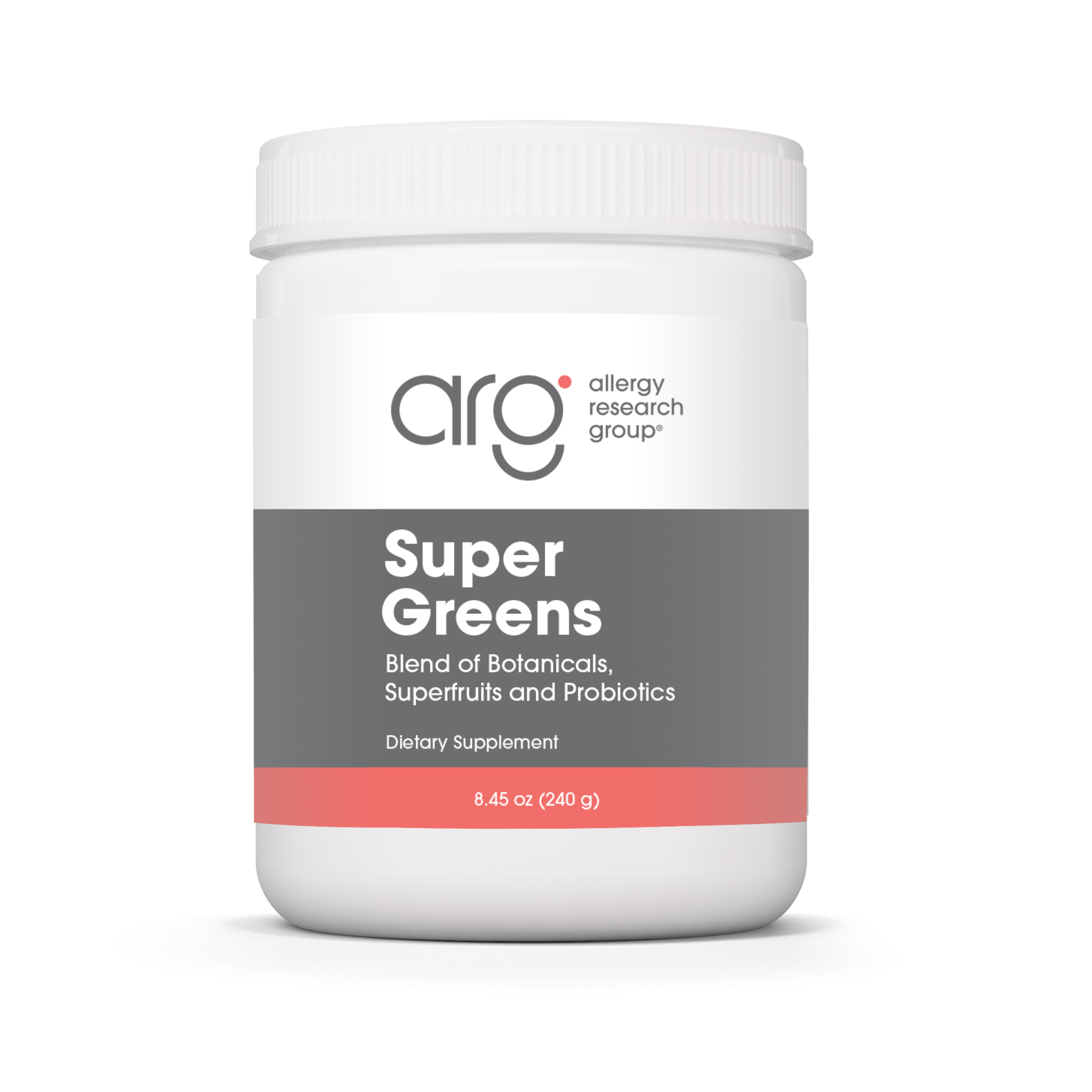 Allergy Research Group Super Greens Powder jar with probiotics, greens, fiber, and daily nutrition support