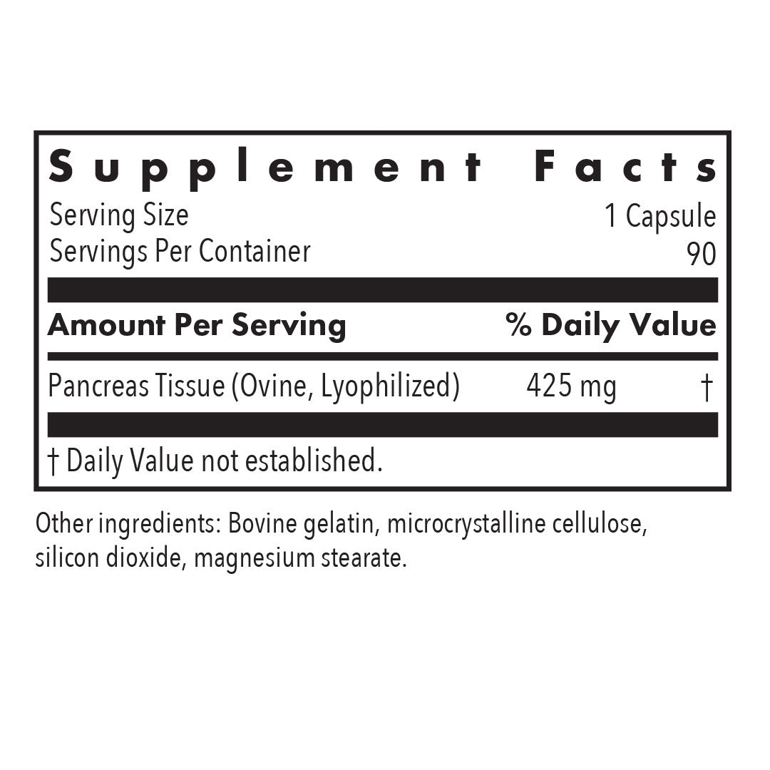 Supplement Facts panel for Pancreas Lamb natural glandular showing lamb pancreas tissue per serving and serving information