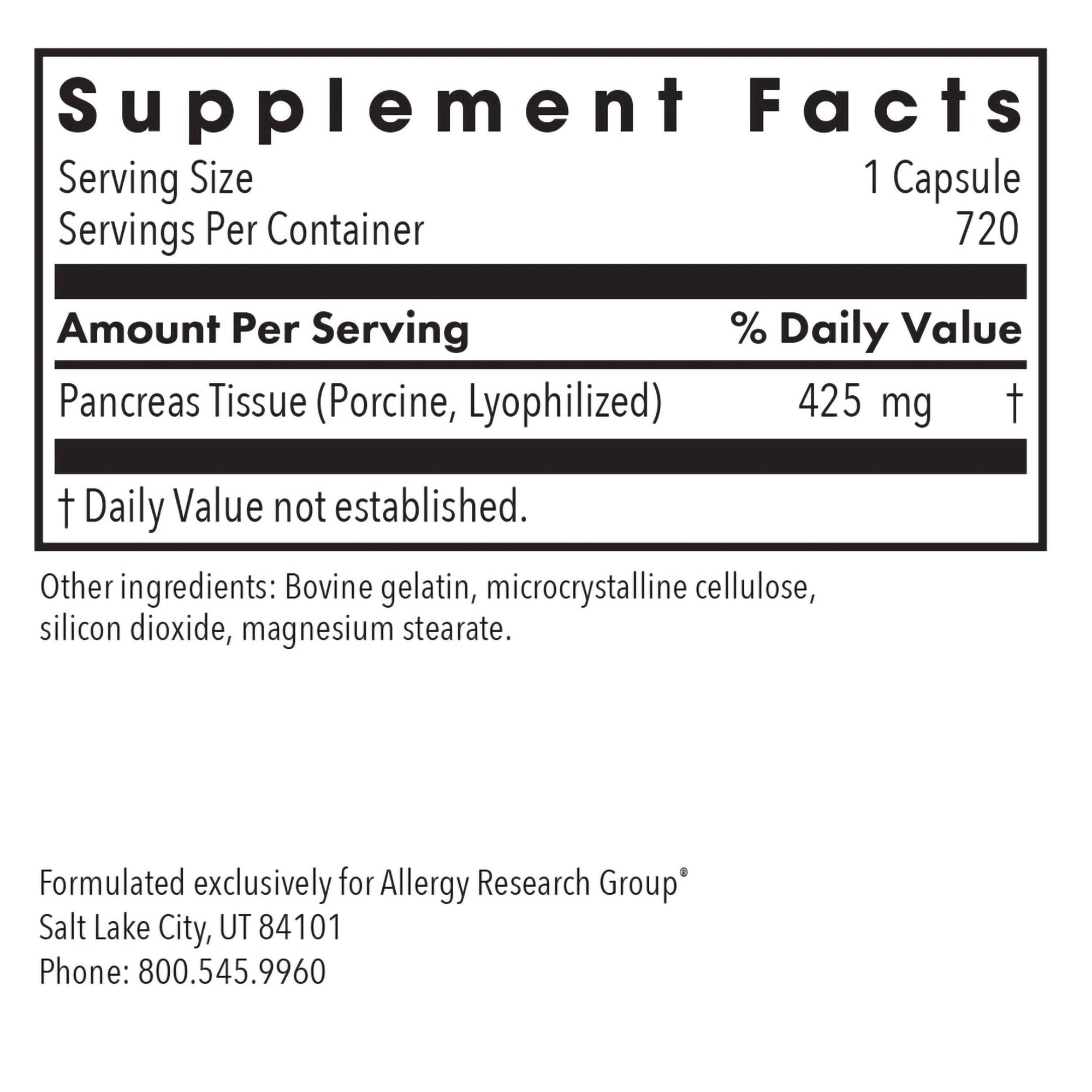 Supplement Facts panel for Pancreas Pork natural glandular supplement showing porcine pancreas tissue per serving