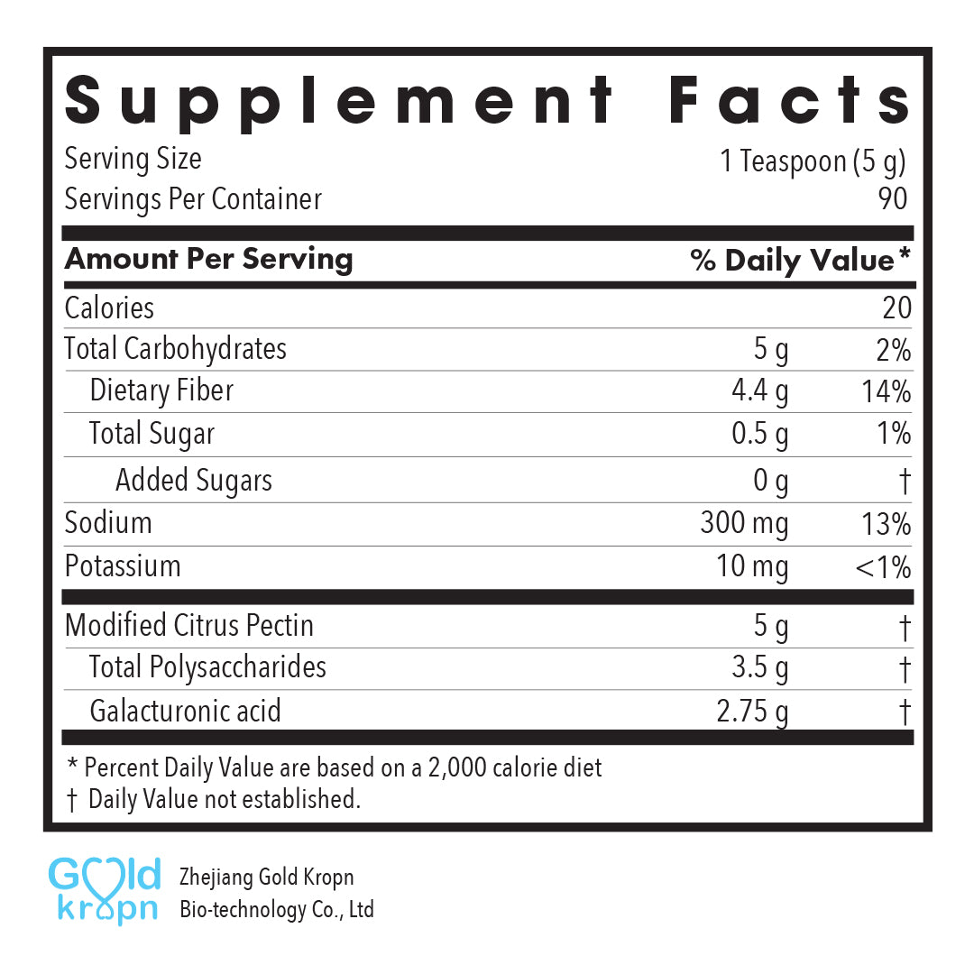 Supplement Facts panel for Modified Citrus Pectin powder showing dietary fiber, sodium, modified citrus pectin, polysaccharides, and galacturonic acid per serving