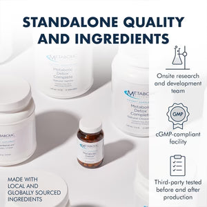 Metabolic Maintenance quality and ingredients infographic with GMP-compliant manufacturing and onsite research team