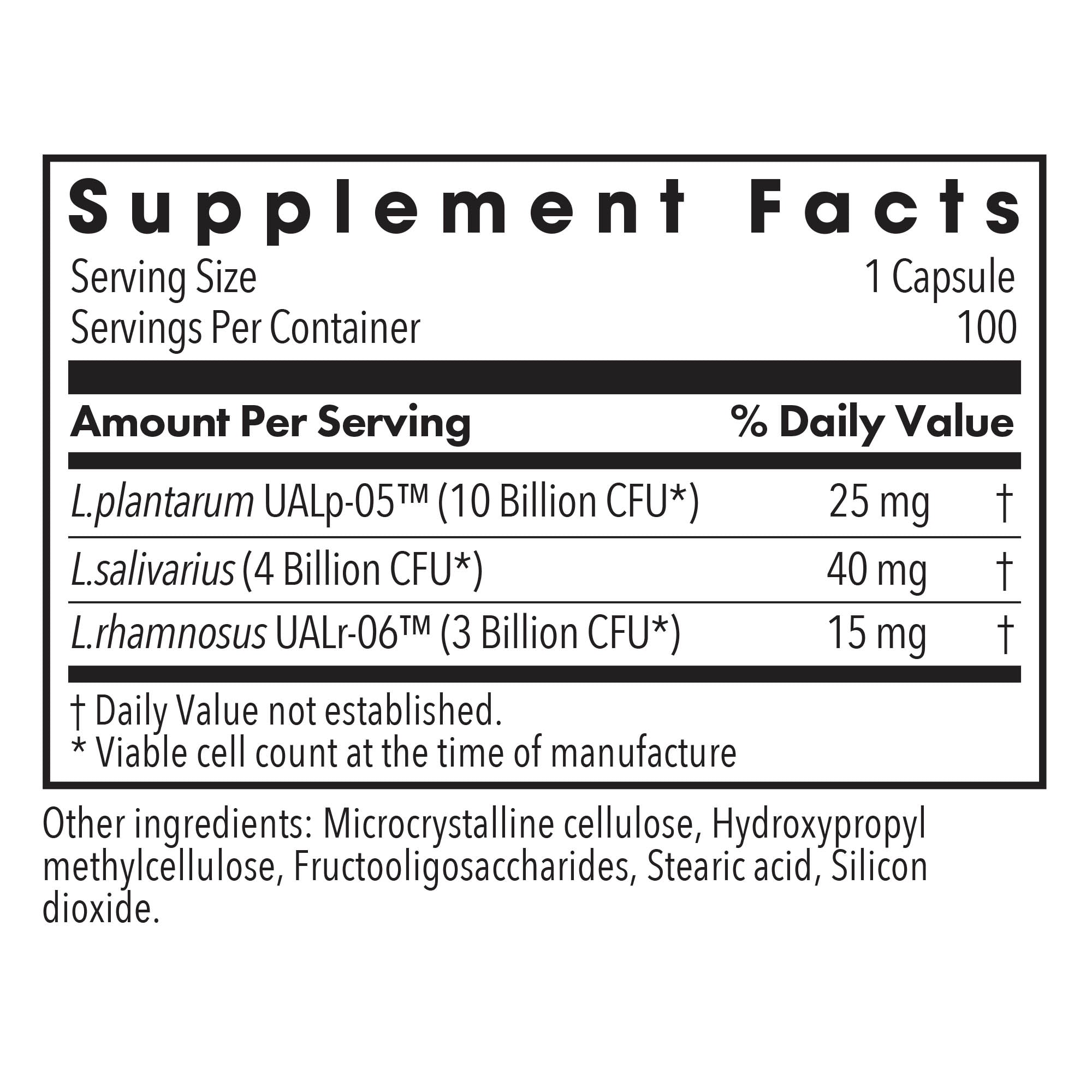Lactobacillus - supplement fact label with L.plantarum, L.salivarius and L.rhamnosus