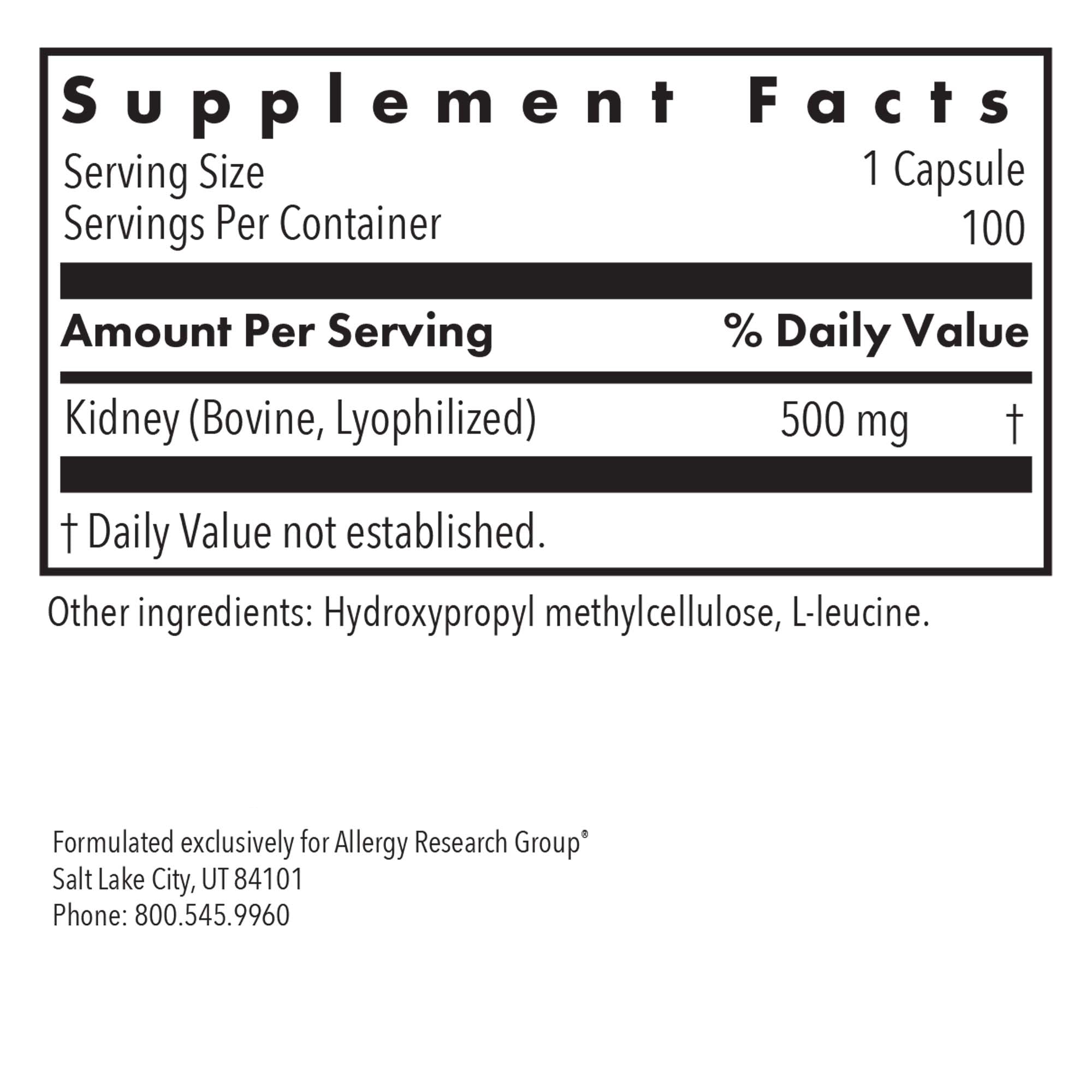 Supplement Facts panel for Kidney Beef natural glandular showing freeze-dried beef kidney tissue per serving and serving information