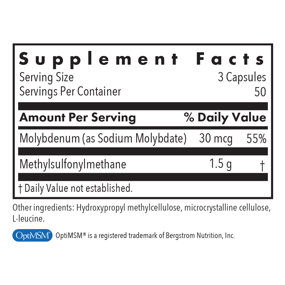 MSM 500 mg - supplement fact label with Molybdenum and Methylsulfonylmethane