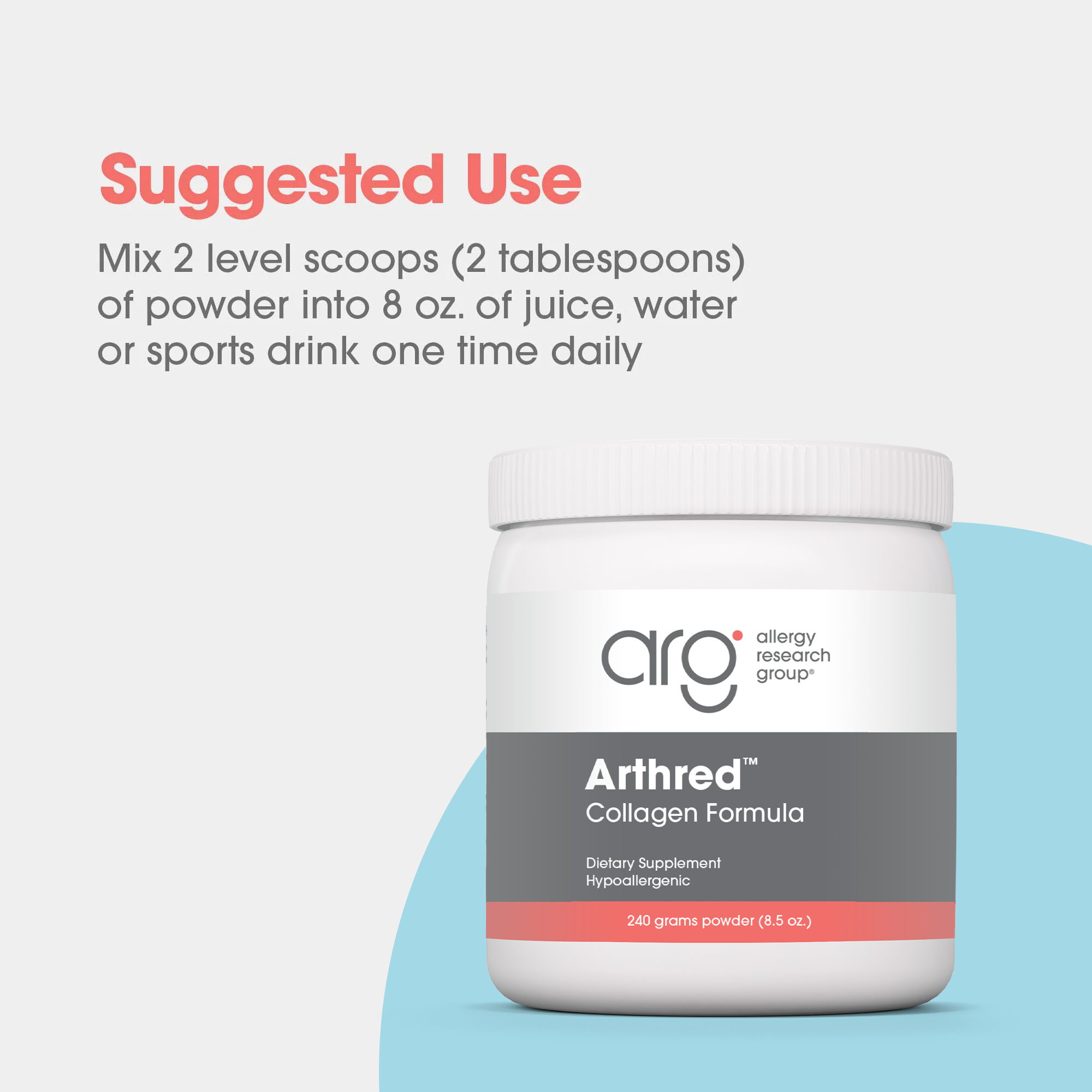 Suggested use panel for Arthred 240 grams showing scoop size and daily serving directions