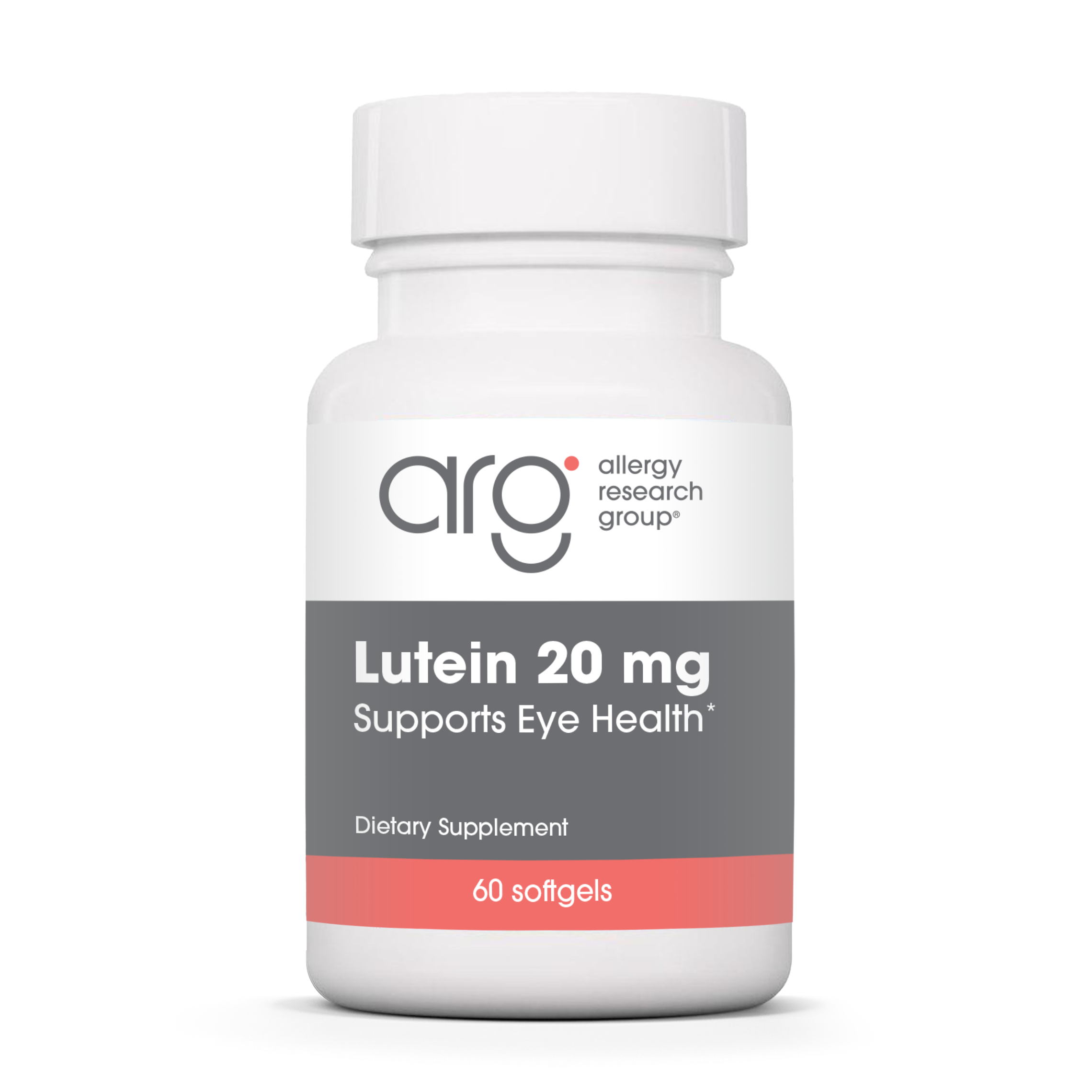 Allergy Research Group Lutein 20 mg softgels bottle for eye health, macular support, and antioxidant protection