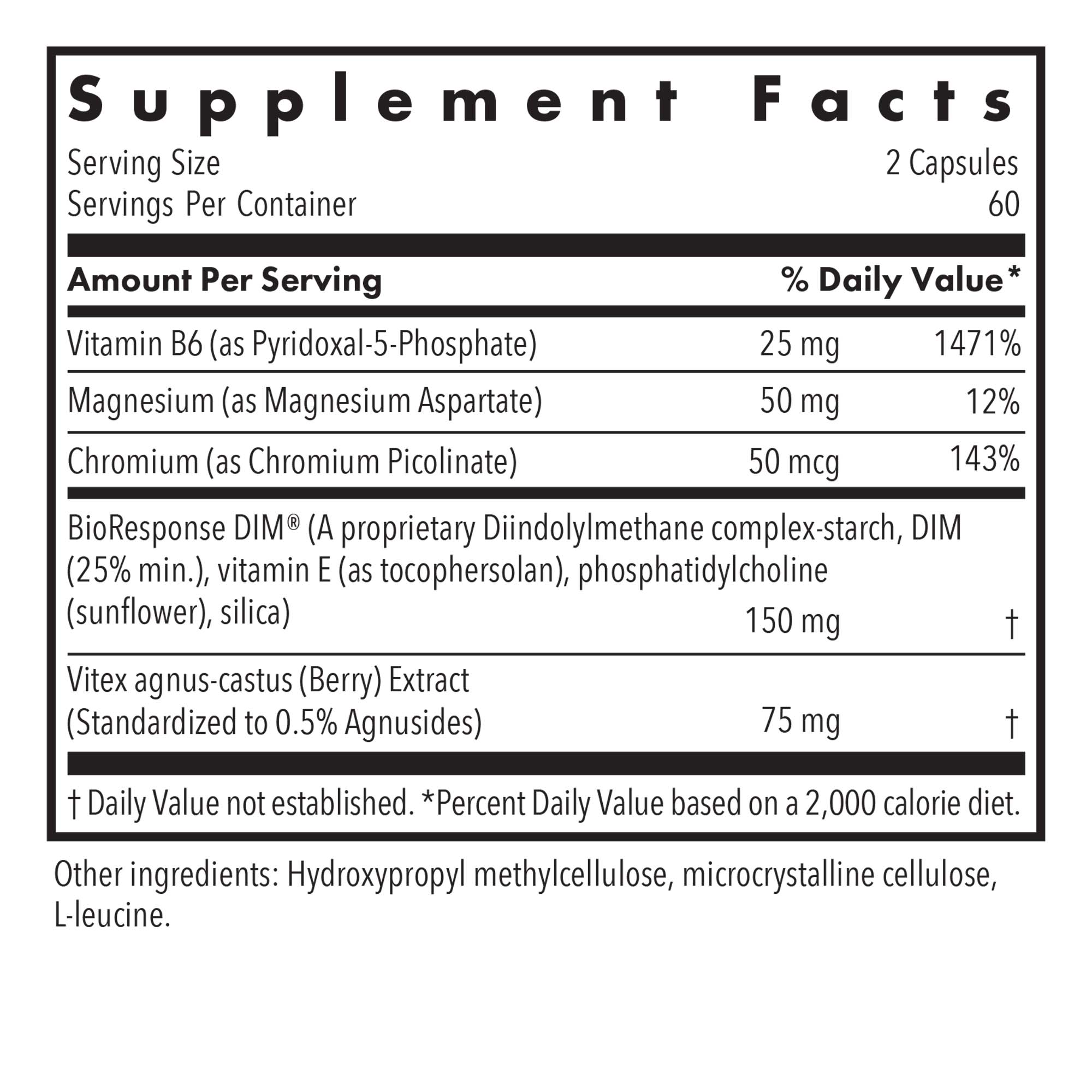 DIM Vitex - supplement fact label with Vitamin B6, Magnesium and Chromium