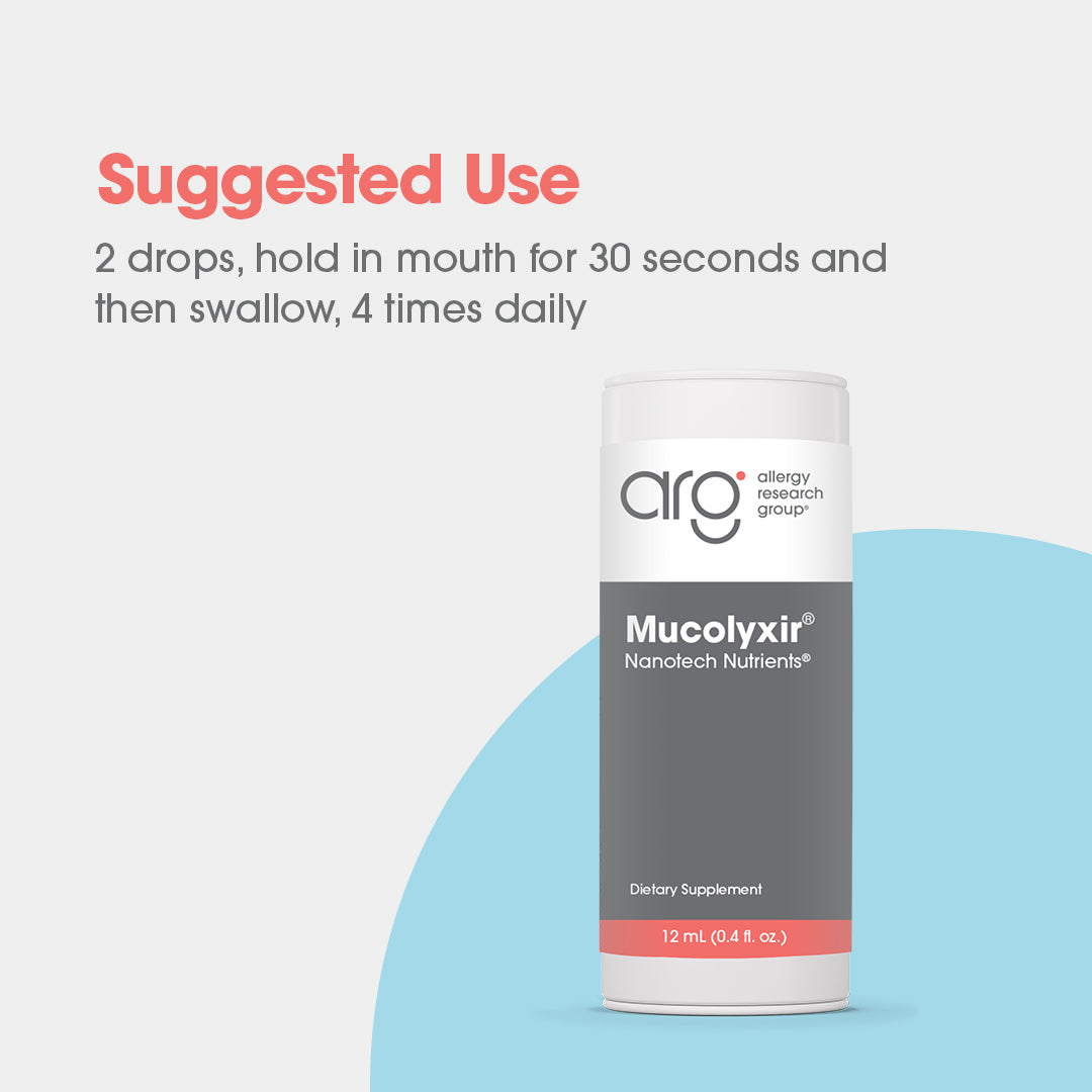 Mucolyxir® - suggested use: 2 drops, hold in mouth for 30 seconds and then swallow 4 times daily