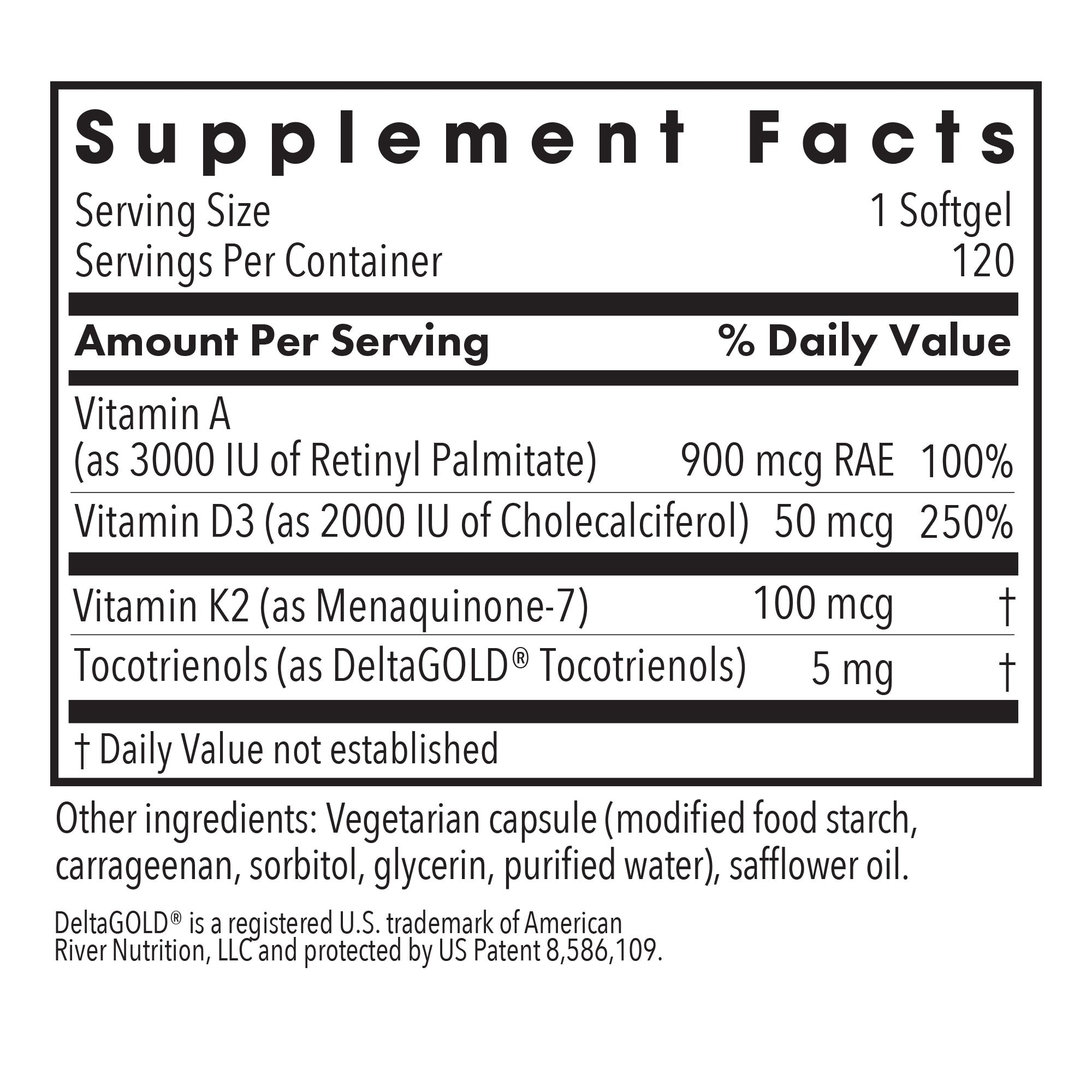 Vitamin D3 Complete - supplement fact label with Vitamin A, D3, K2 and Tocotrienols