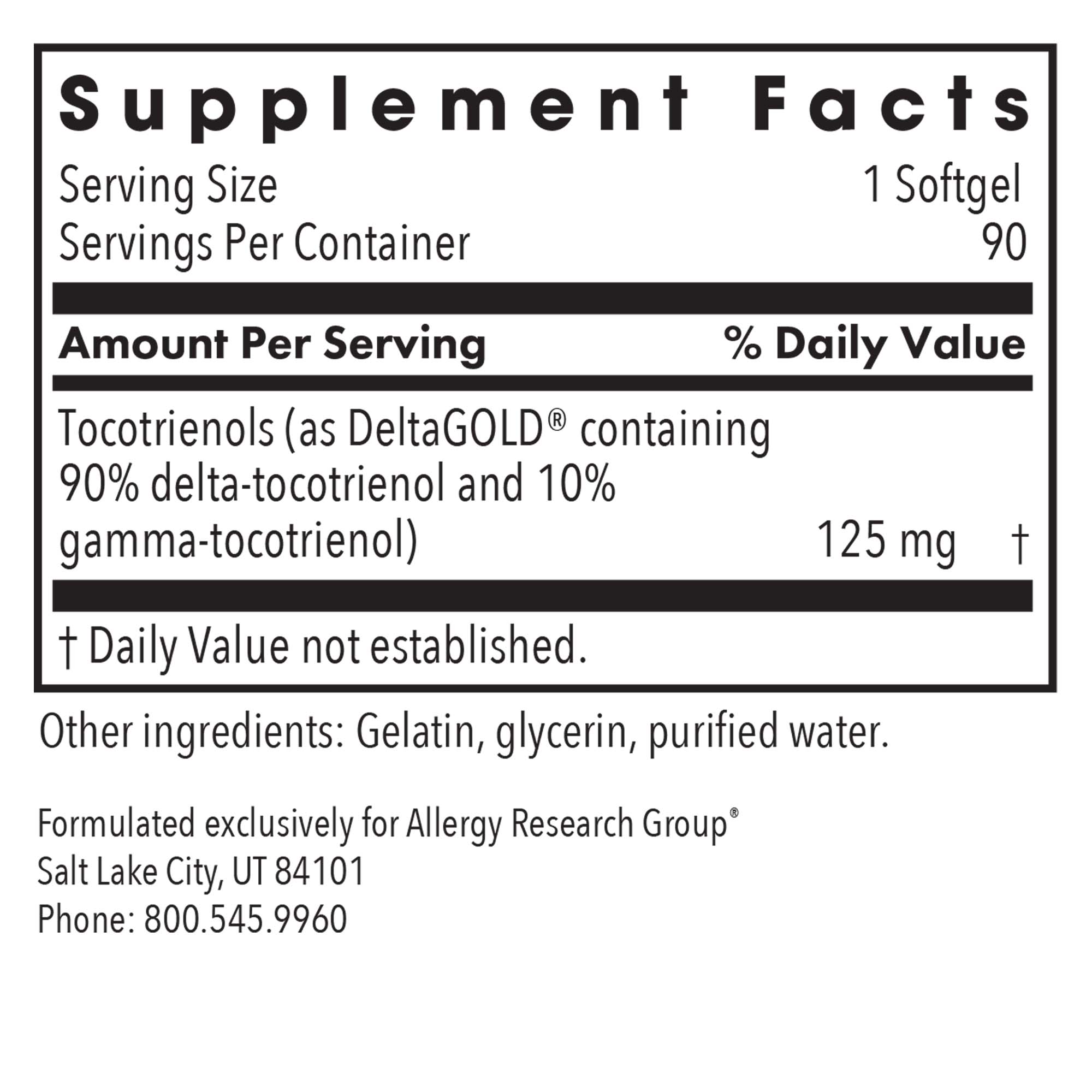 Delta-Fraction Tocotrienols 125 mg - supplement fact label with Tocotrienols
