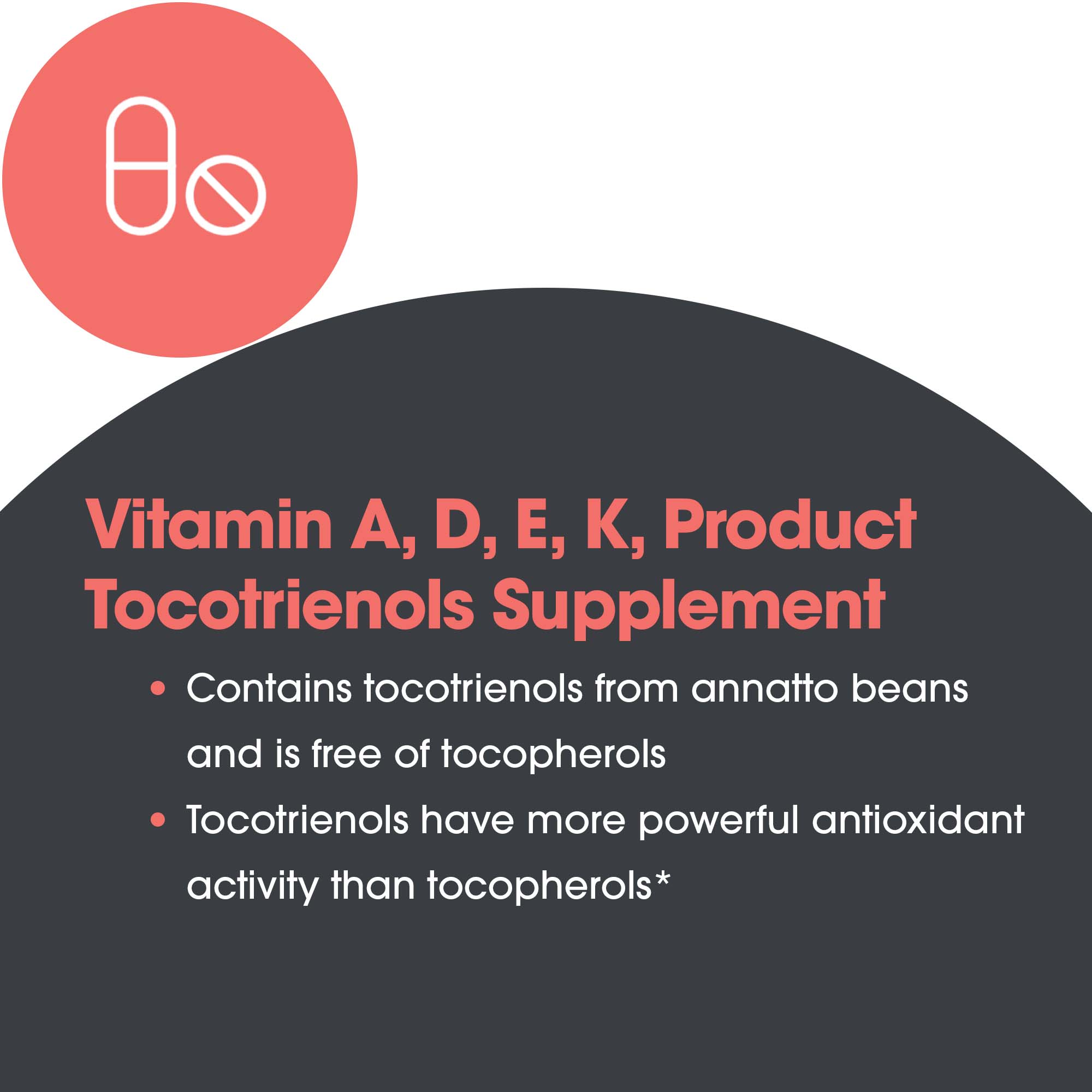 Delta-Fraction Tocotrienols 125 mg benefit graphic highlighting annatto-derived tocotrienols, tocopherol-free antioxidant support, and vitamin E activity