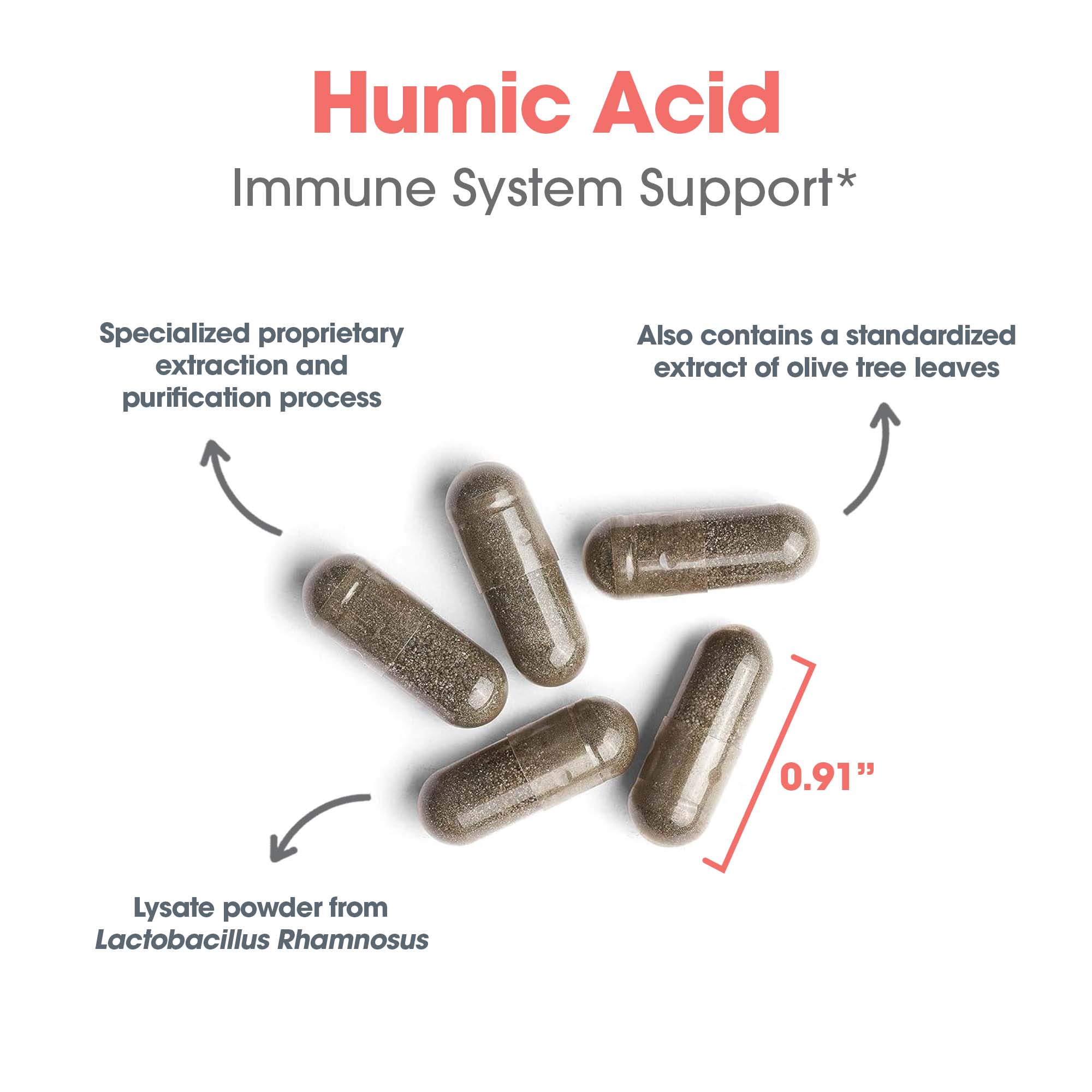 Humic-Monolaurin Complex capsule composition graphic with monolaurin, humic acid, olive leaf, and Lactobacillus rhamnosus lysate