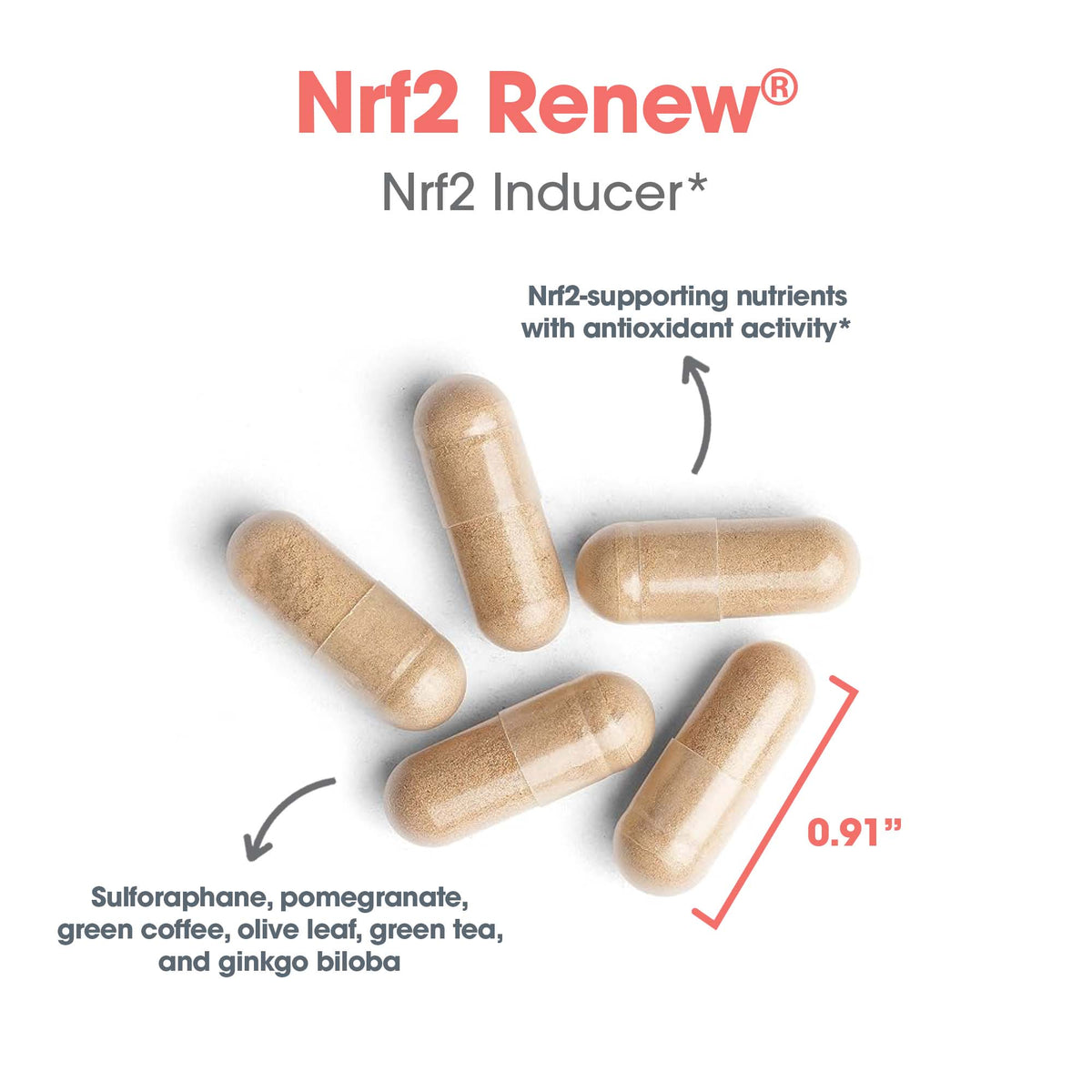 Nrf2 Renew capsule composition graphic showing antioxidant botanicals for cellular defense and detoxification support