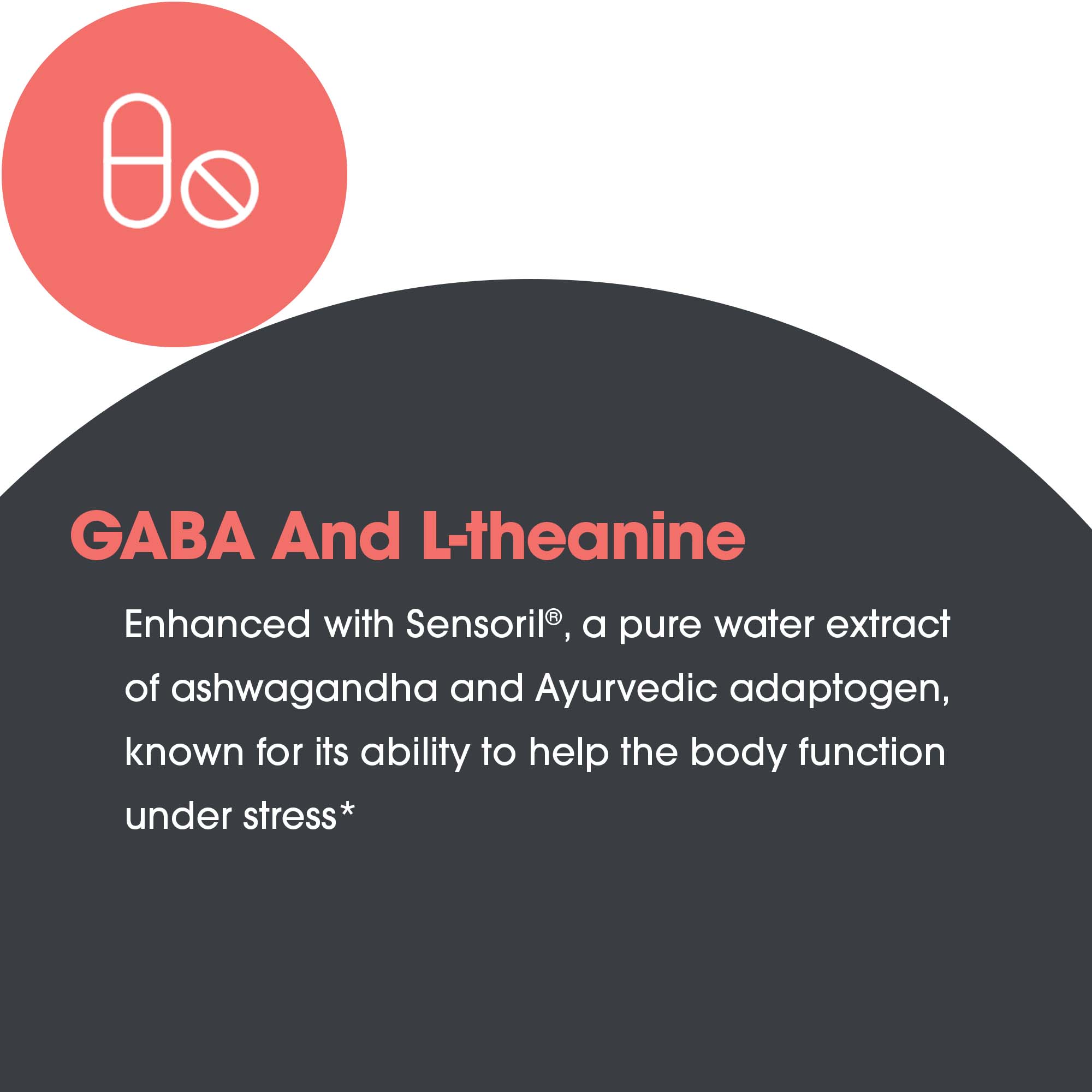 Zen Adapt ingredient infographic featuring GABA, L-theanine, and Sensoril ashwagandha for stress support