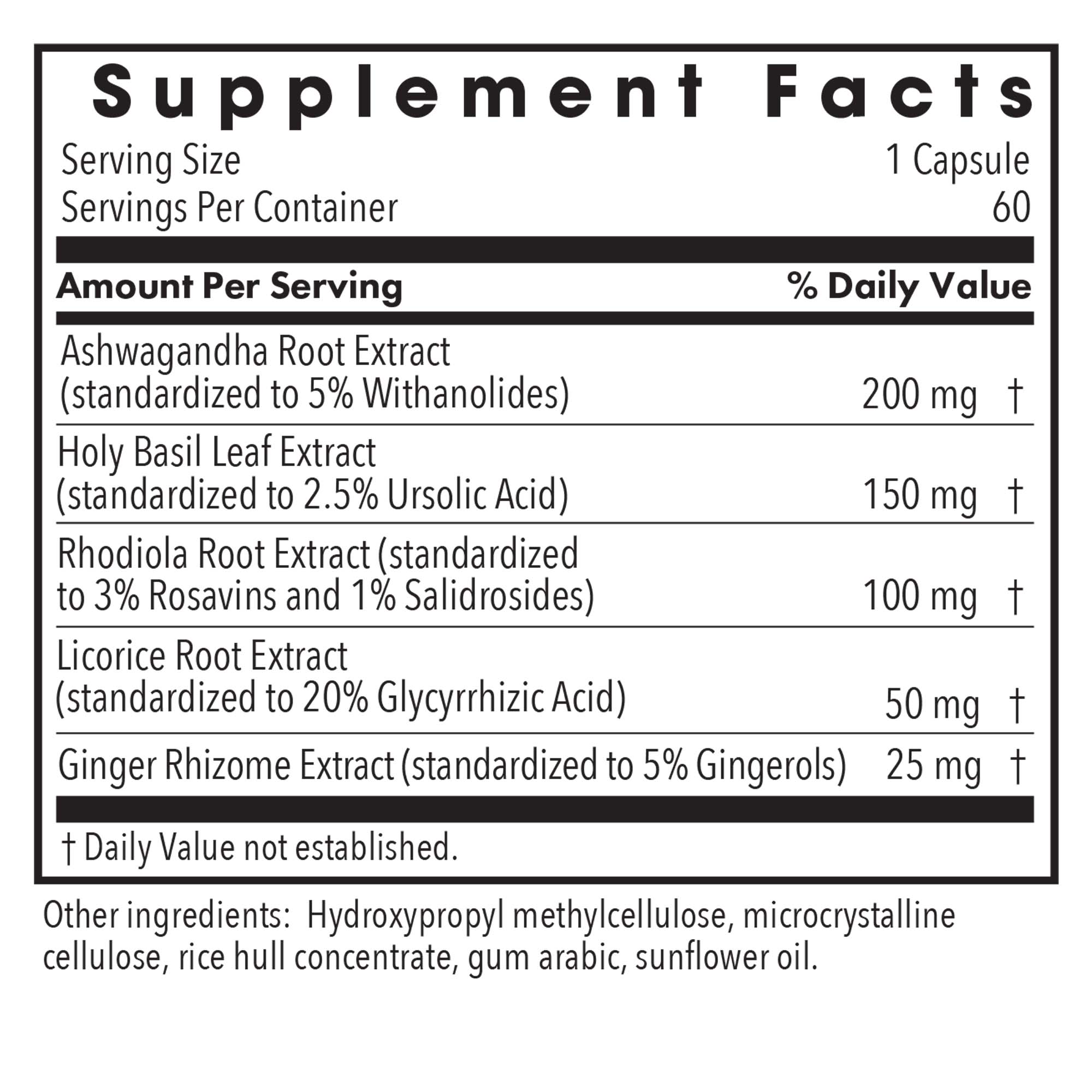 Supplement Facts panel for Herbal Adapt HPA Axis Restore showing ashwagandha, holy basil, rhodiola, licorice, and ginger extracts