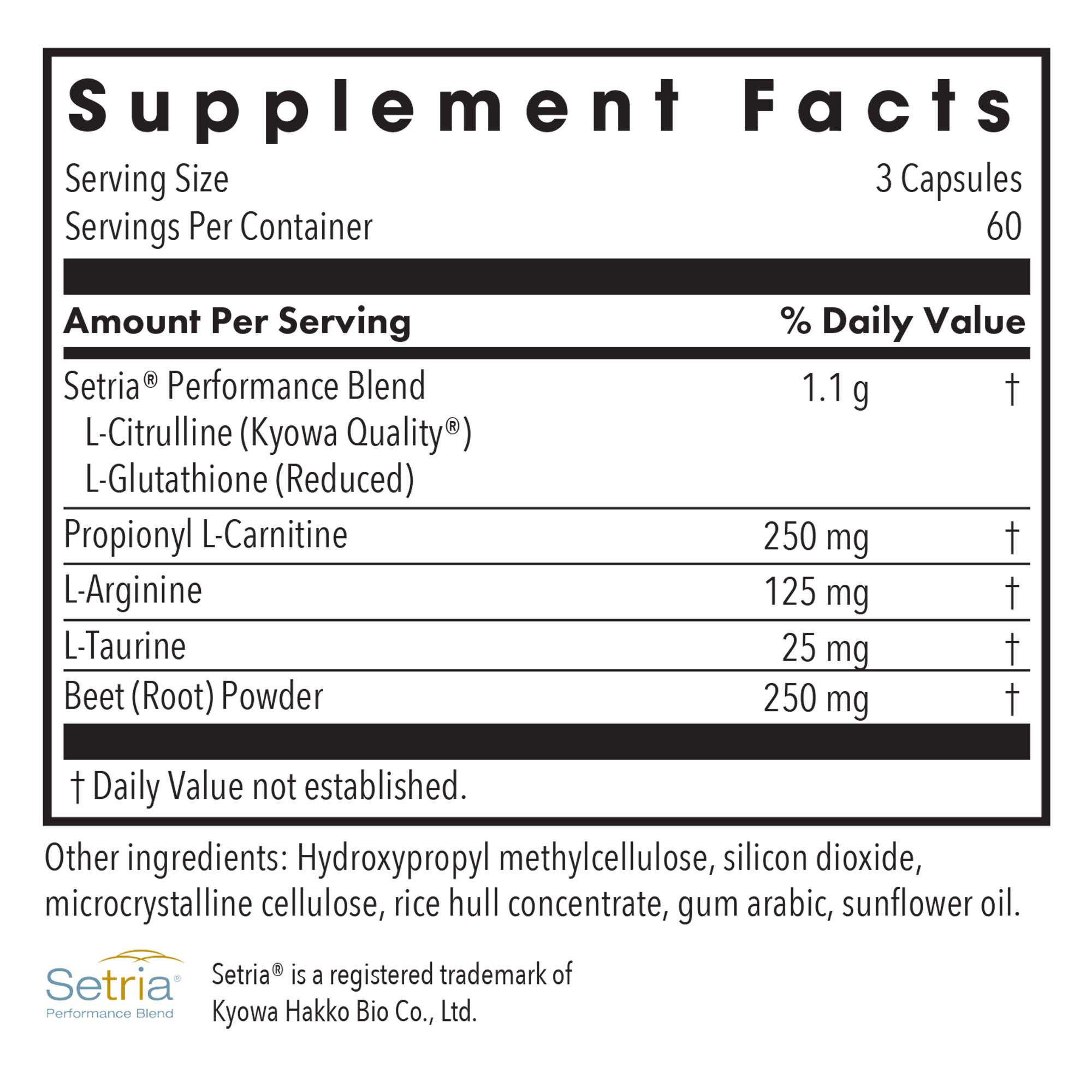 NO Inducers* - supplement fact label with Setria, Propionyl L-Carnitine and more