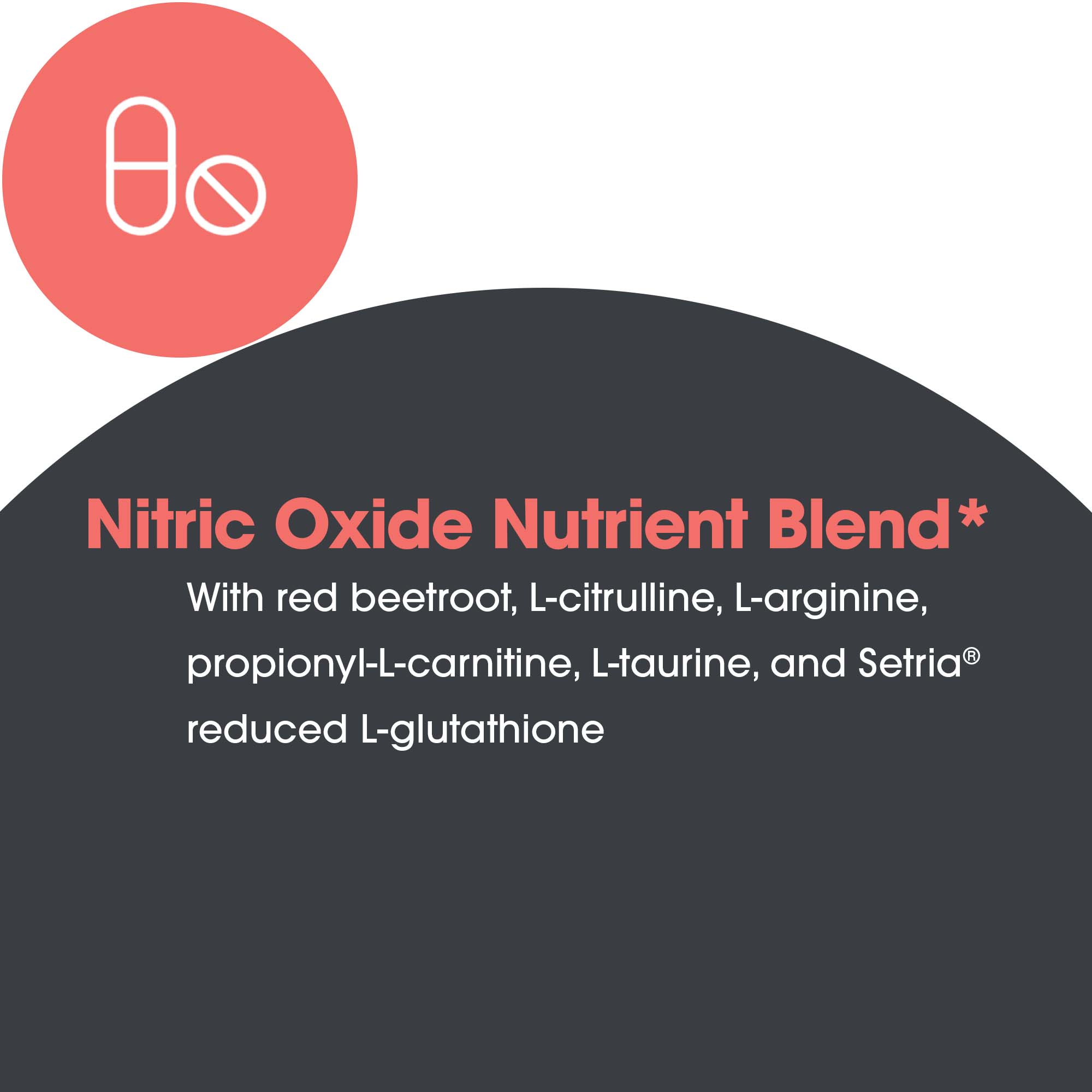 NO Inducers nitric oxide nutrient blend graphic featuring red beetroot, L-citrulline, L-arginine, propionyl-L-carnitine, L-taurine, and Setria glutathione