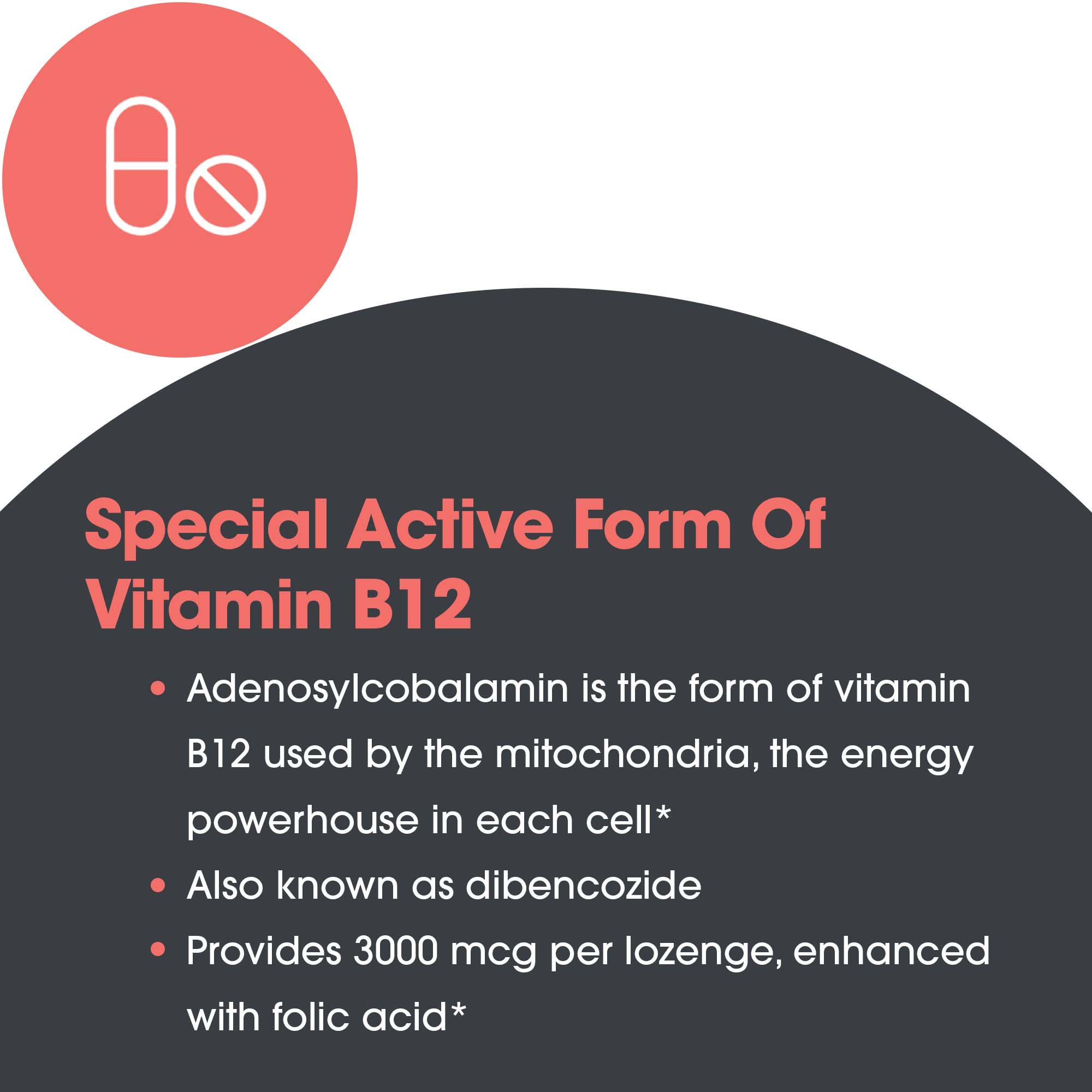B12 Adenosylcobalamin benefit graphic highlighting active mitochondrial vitamin B12, dibencozide form, and 3000 mcg lozenge support