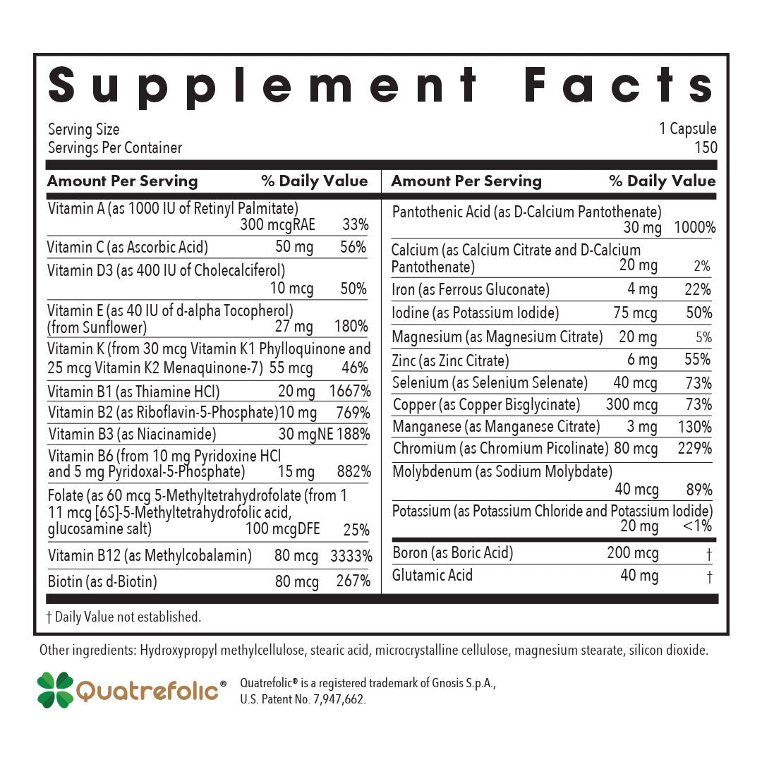 Supplement Facts panel for Multi-Vi-Min multivitamin showing active B vitamins, iron, copper, iodine, and methylated nutrients