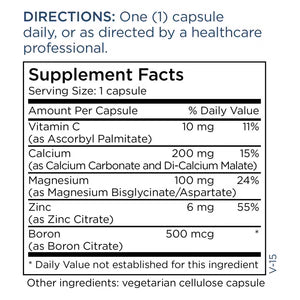 Supplement Facts panel for Cal Mag Zinc Complex showing calcium, magnesium, zinc, and supporting mineral information for bone health