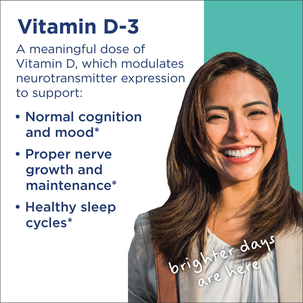 Vitamin D-3 lifestyle graphic highlighting cognition, nerve growth and maintenance, and healthy sleep cycle support