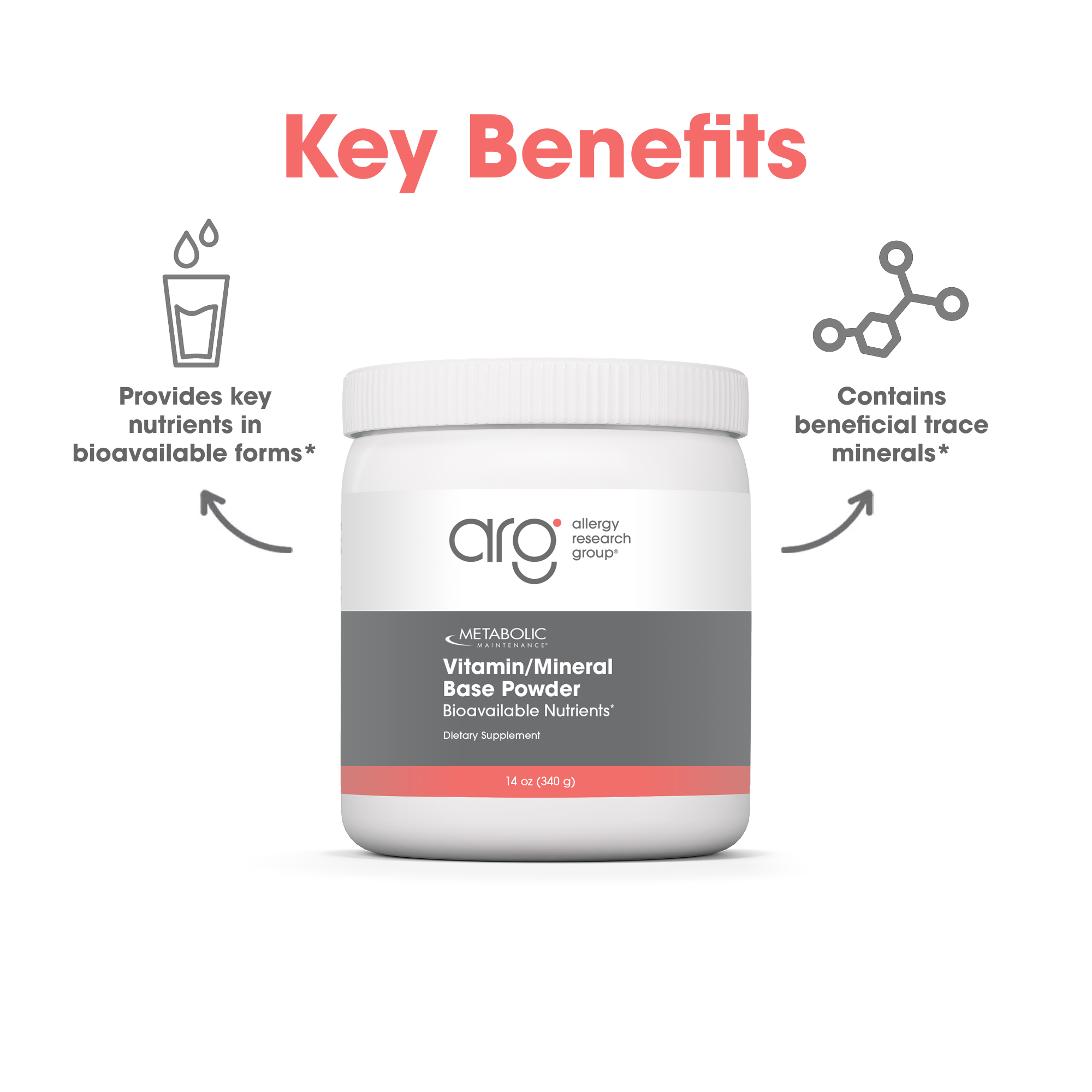 Key Benefits graphic with a Vitamin Mineral Base Powder bottle and icons indicating bioavailable nutrients and trace minerals