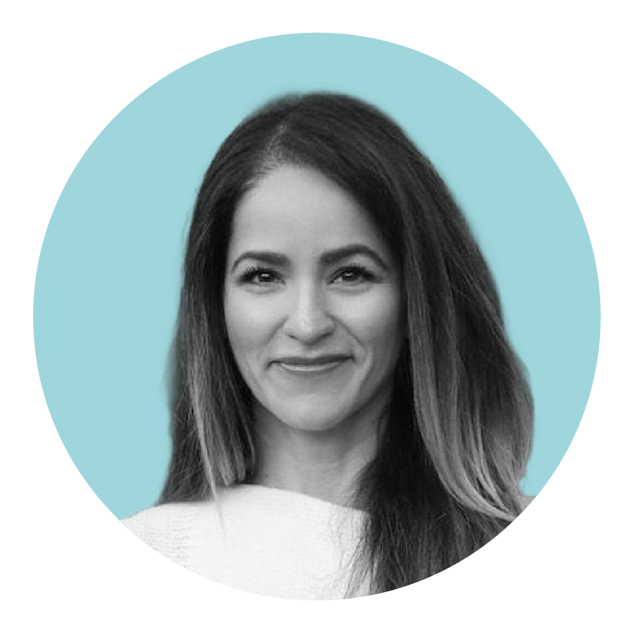 Black and white portrait of a woman with long hair on a light blue circular background