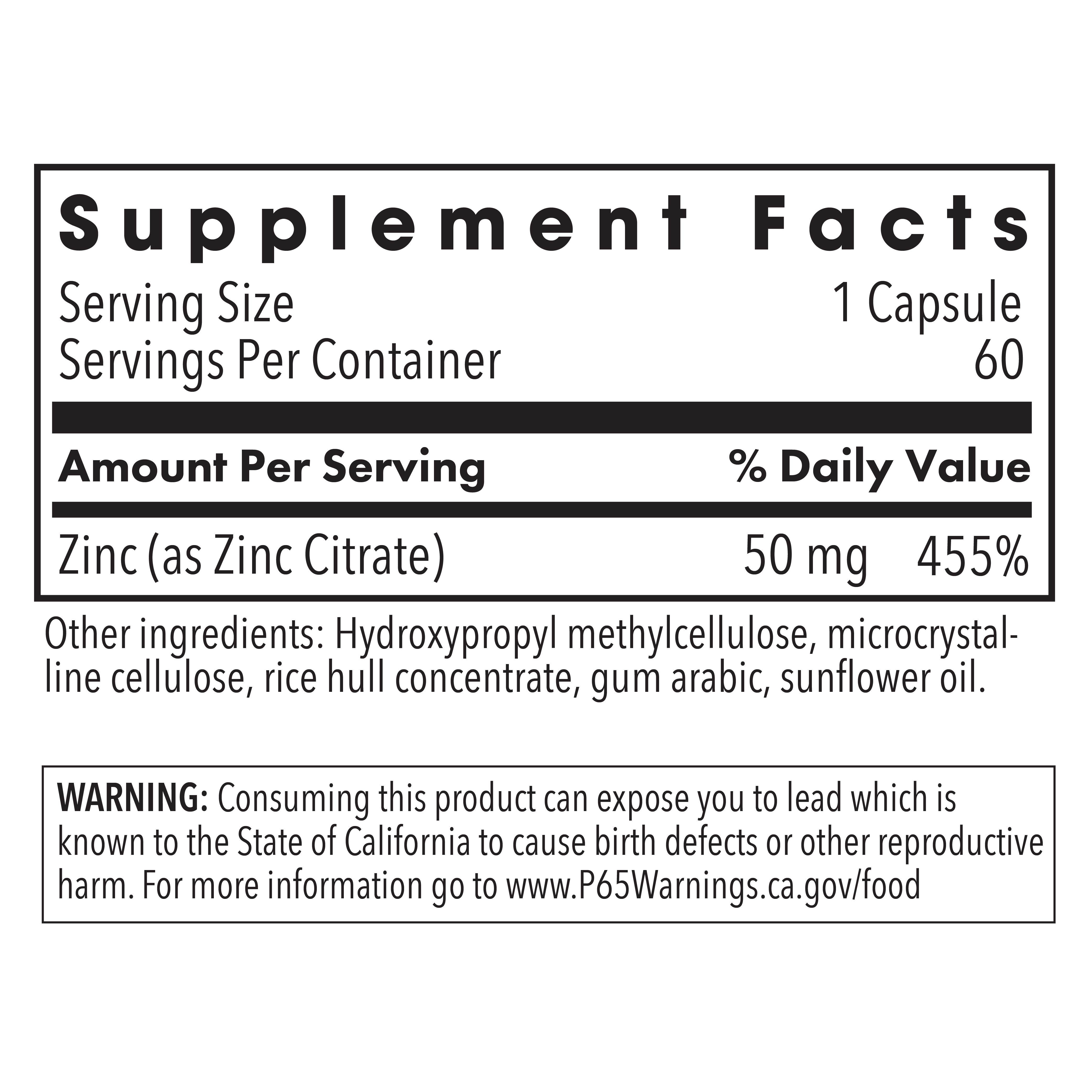 Supplement Facts panel for Zinc Citrate 50 mg showing high-potency zinc citrate nutrient information and serving size details
