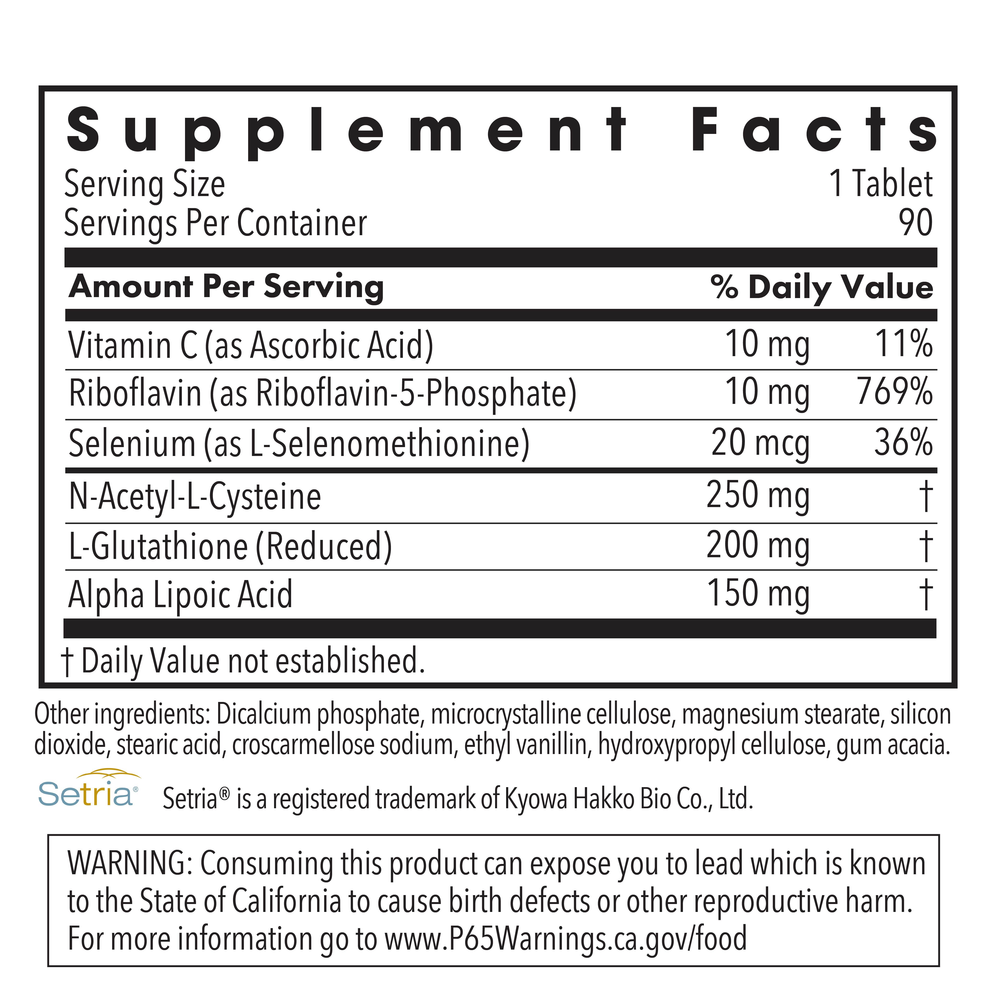 Supplement Facts panel for ThioDox antioxidant formula showing NAC, reduced glutathione, alpha lipoic acid, selenium, riboflavin, and vitamin C