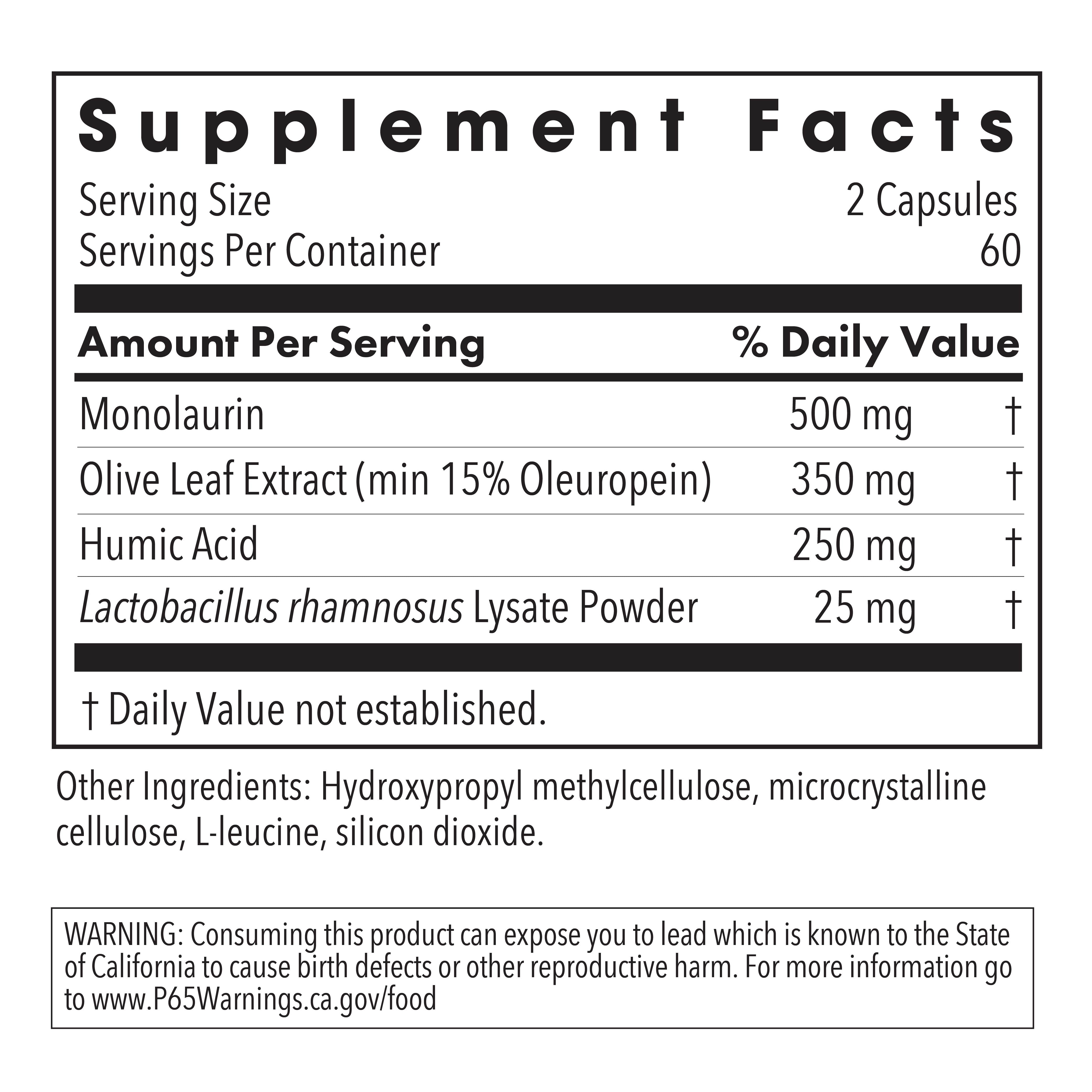 Supplement Facts panel for Humic-Monolaurin Complex showing monolaurin, olive leaf extract, humic acid, and Lactobacillus rhamnosus lysate