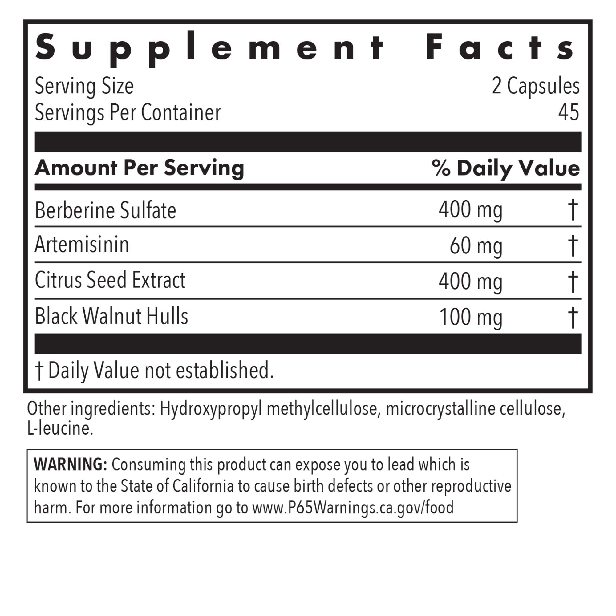 Supplement Facts panel for Tricycline showing berberine sulfate, artemisinin, citrus seed extract, and black walnut hulls