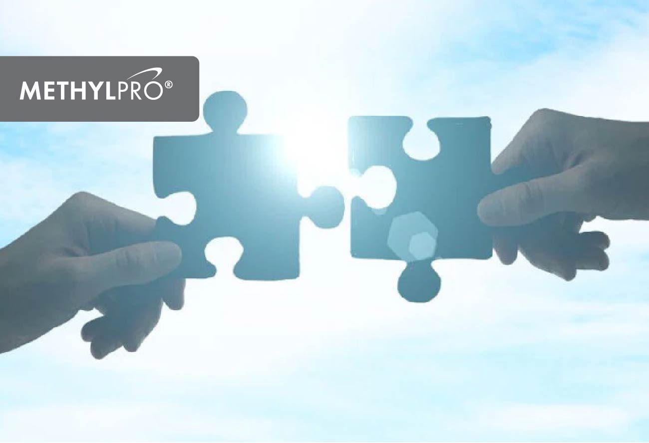 Two hands connect blue puzzle pieces against a bright sky, symbolizing cofactors in nutrition with MethylPro branding.