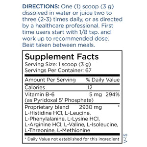 Supplement Facts panel for Metabolic Maintenance Amino Acid Base Powder showing amino acids and metabolic cofactors