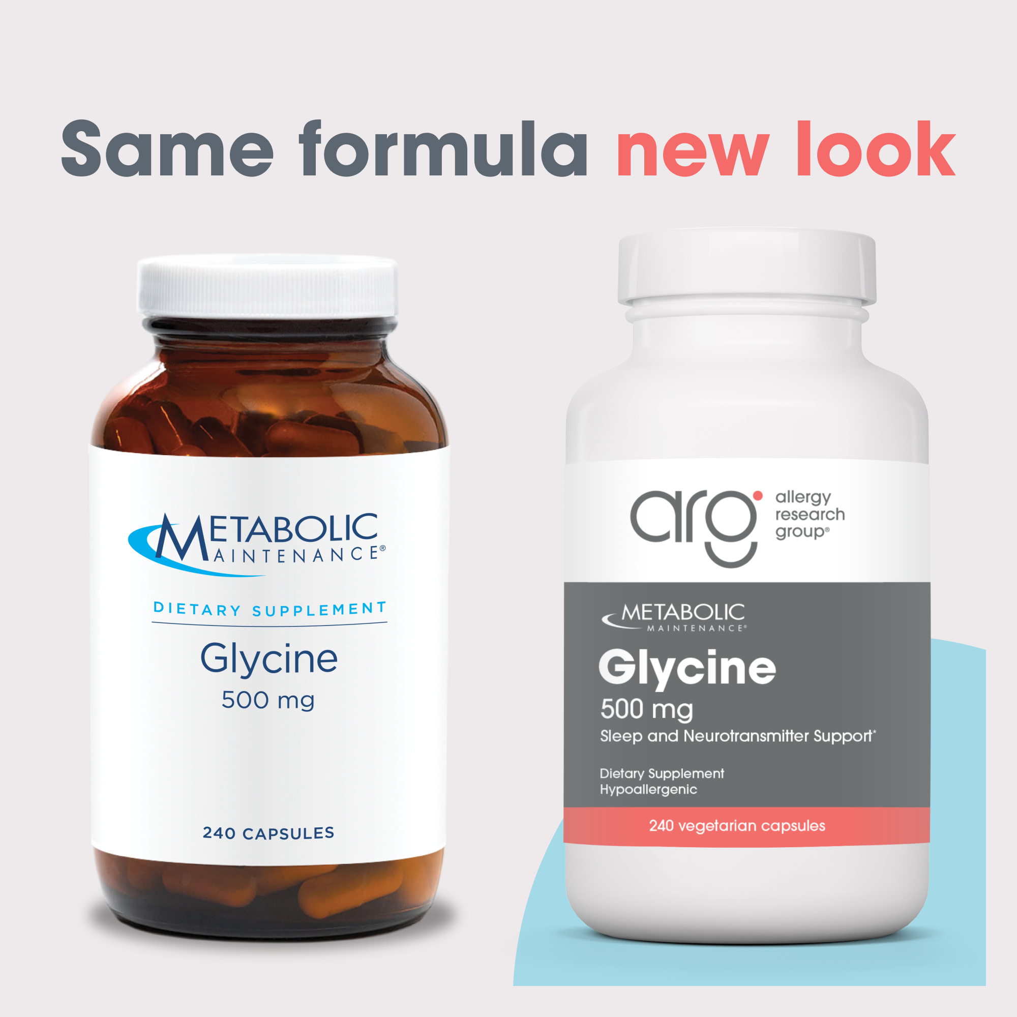 Glycine bottles side by side showing same formula with a new look one amber with white label and one white with a dark gray label.