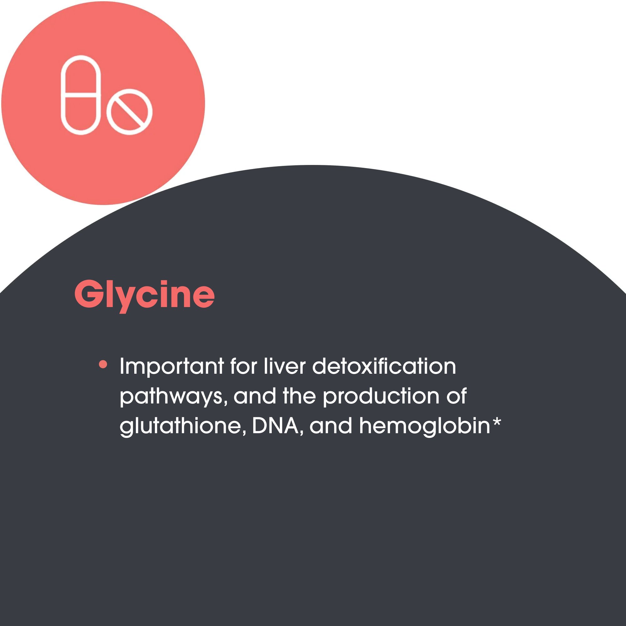 Glycine infographic noting liver detoxification pathways and production of glutathione DNA and hemoglobin.