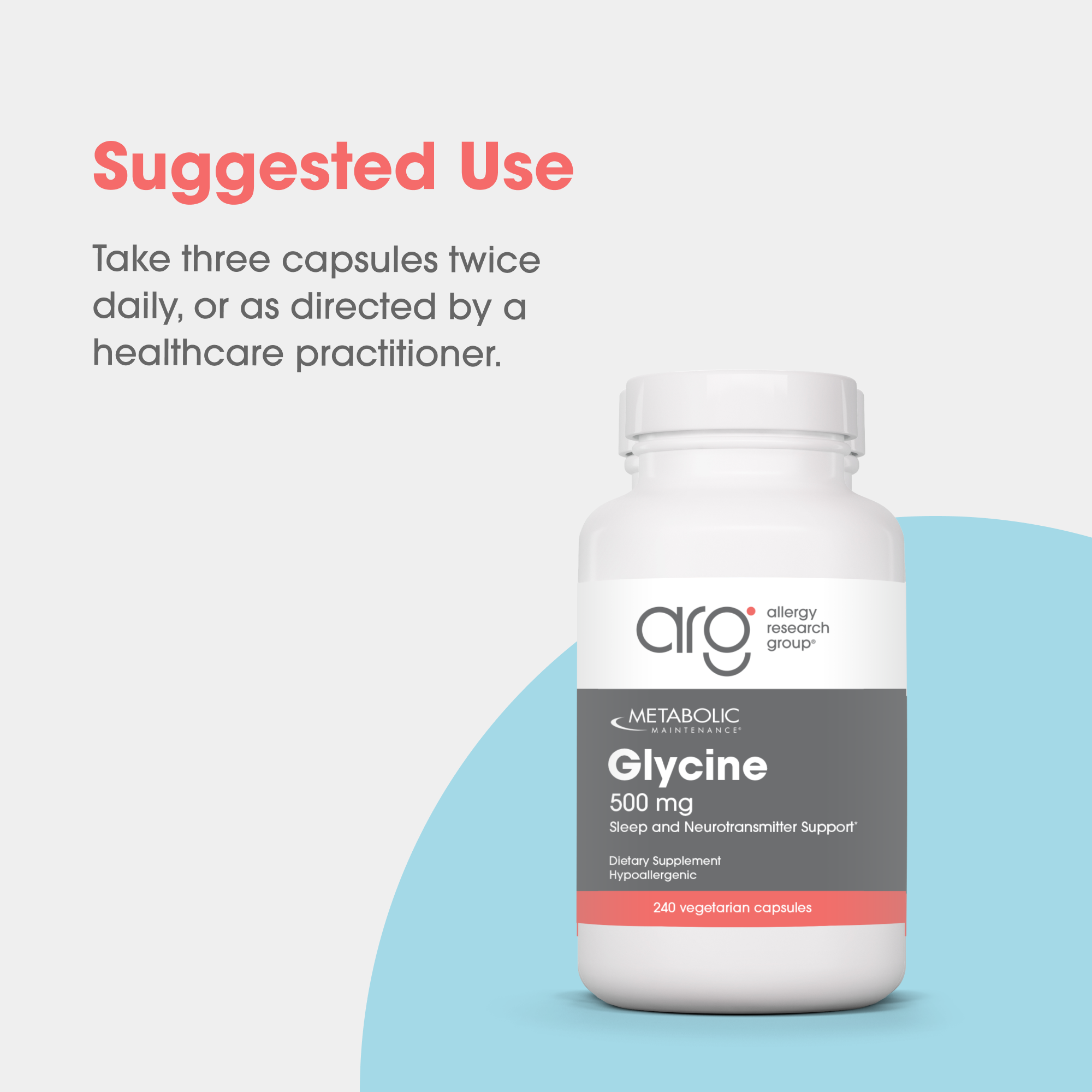 Glycine supplement bottle on a promotional page with Suggested Use heading on a light background and blue curved shape.
