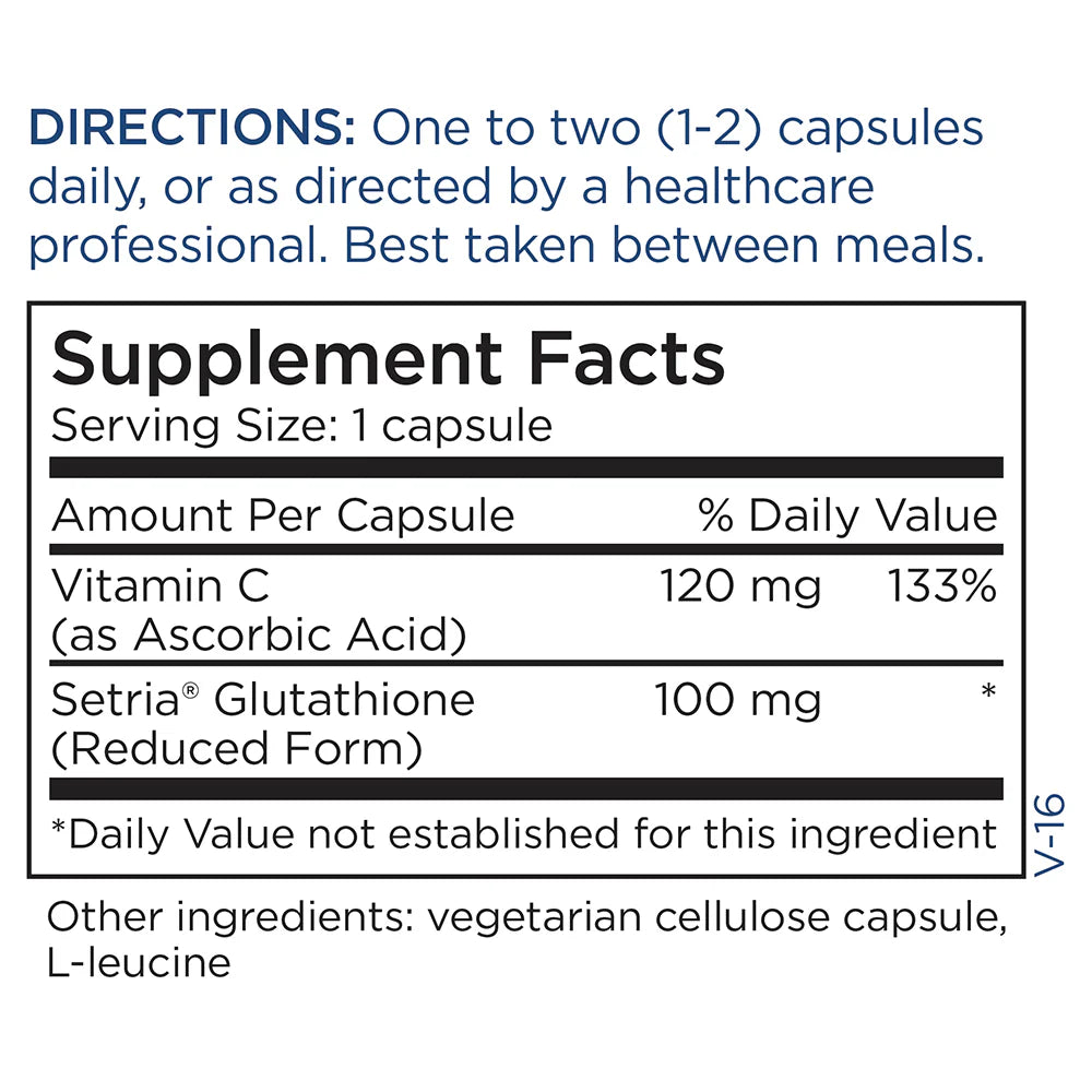 Supplement Facts panel for Metabolic Maintenance L-Glutathione 100 mg showing serving size and glutathione content