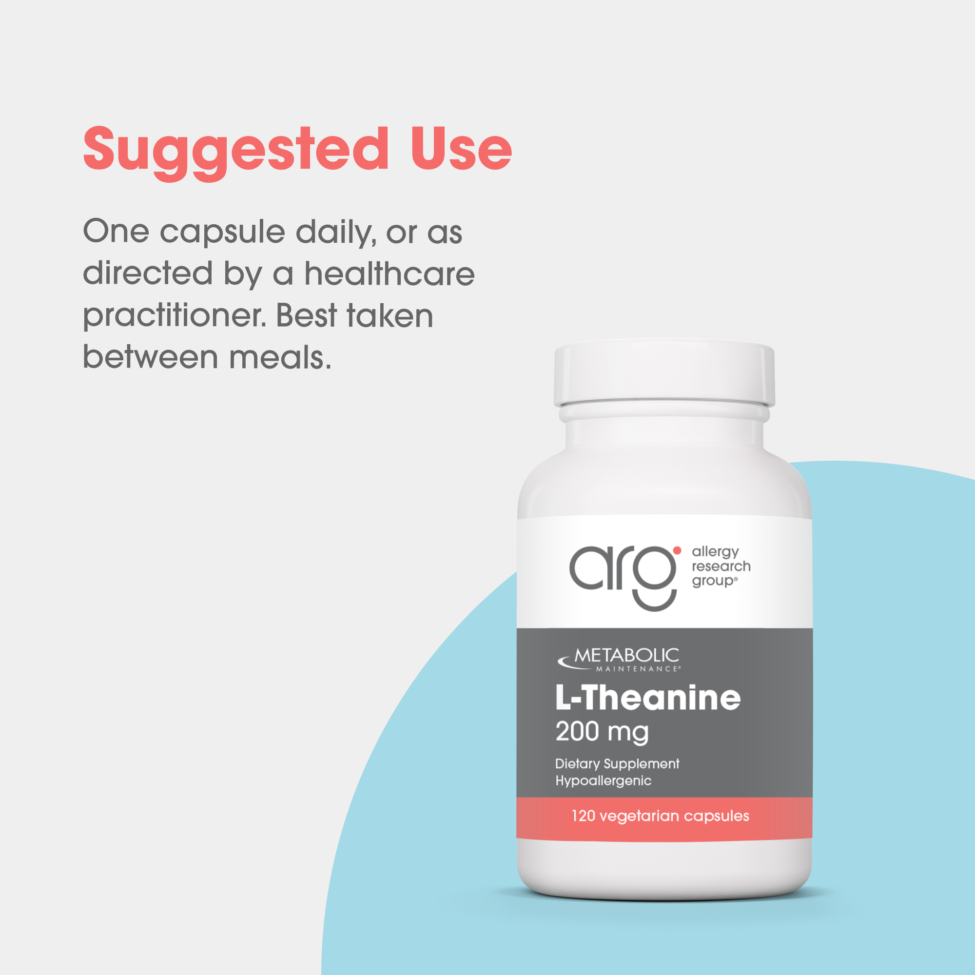 Suggested Use section beside a bottle of L-Theanine 200 mg dietary supplement on a light background with a curved blue shape