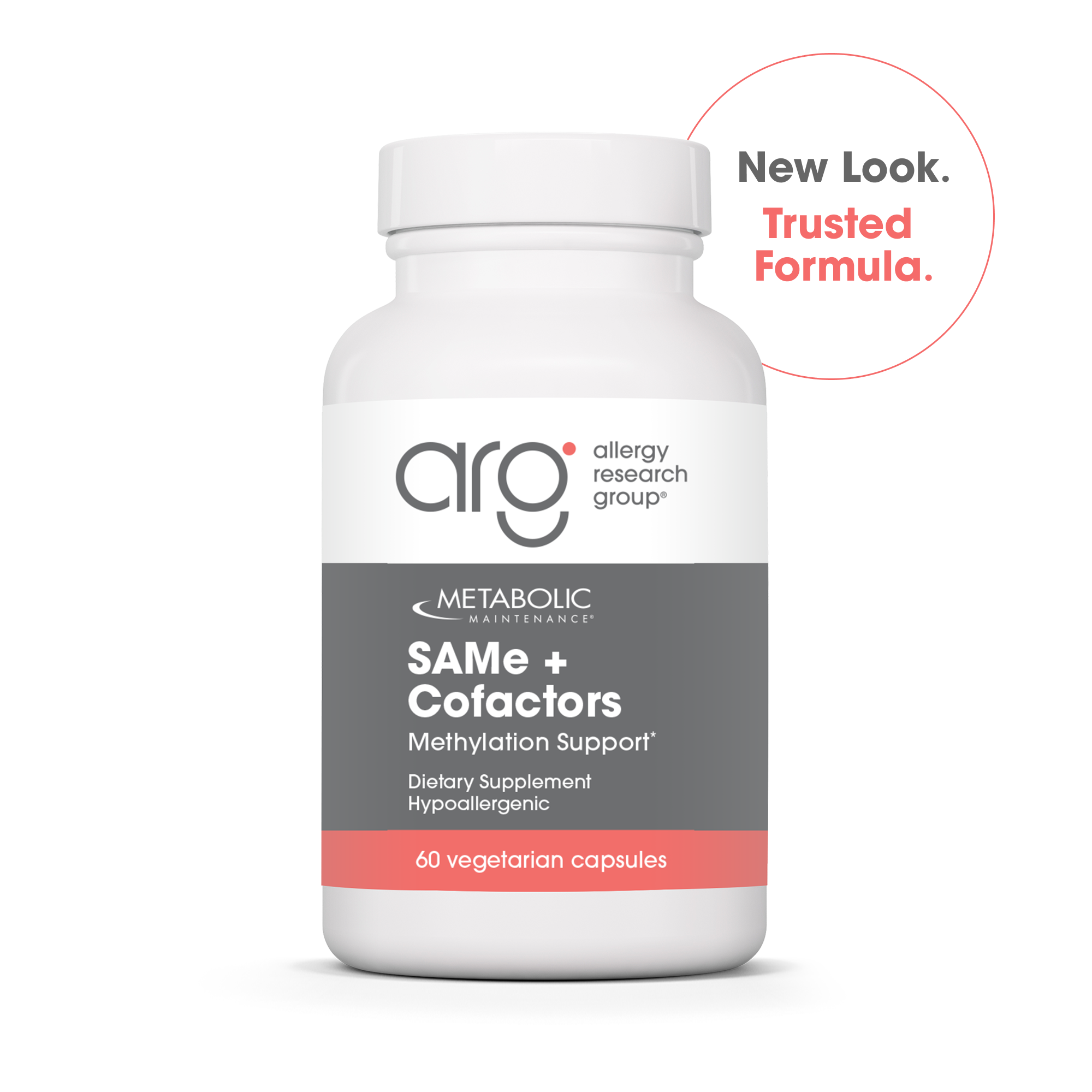 Metabolic Maintenance SAMe + Cofactors new look bottle front label with trusted formula messaging for methylation and mood support