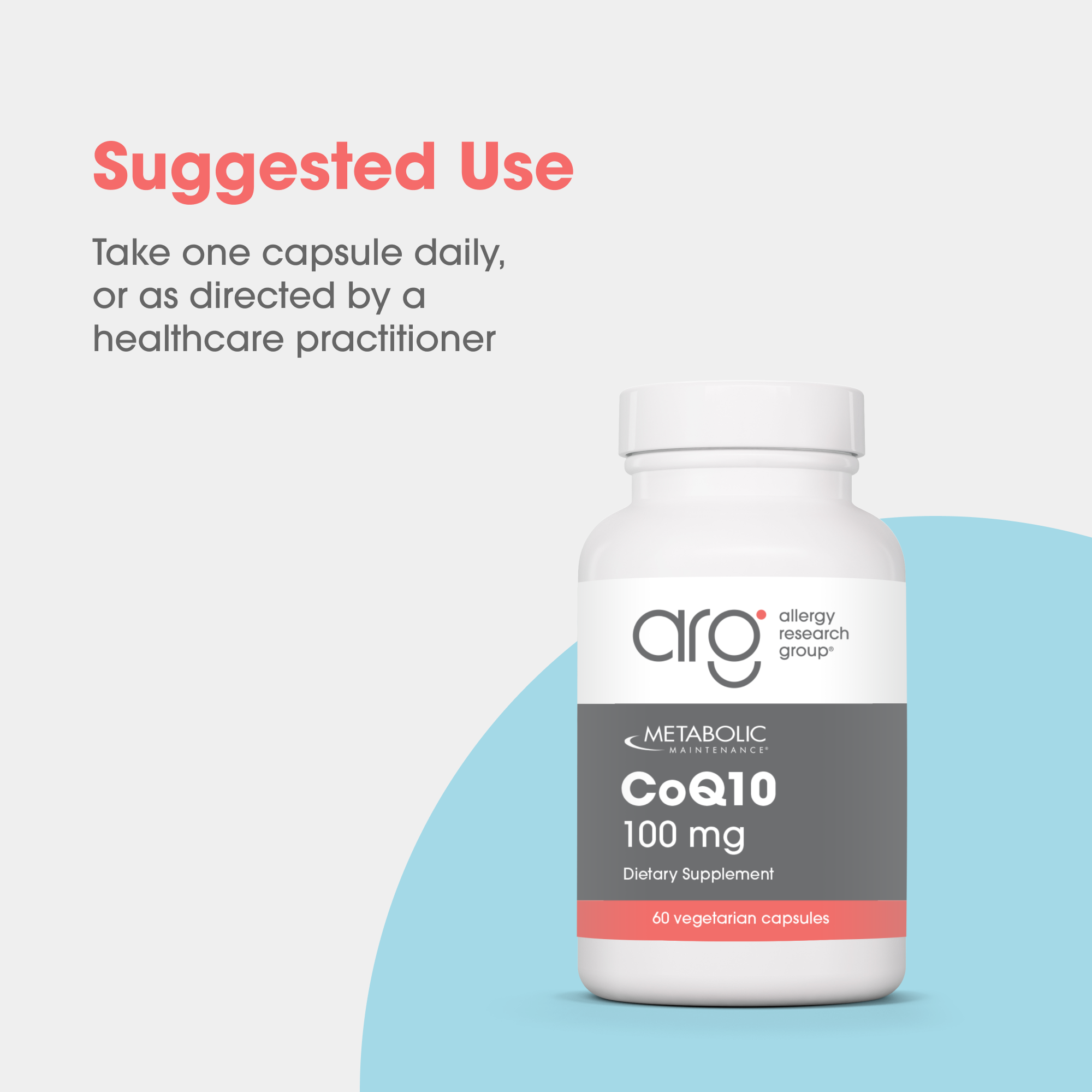 CoQ10 100 mg dietary supplement bottle on a pale background with a blue curved shape