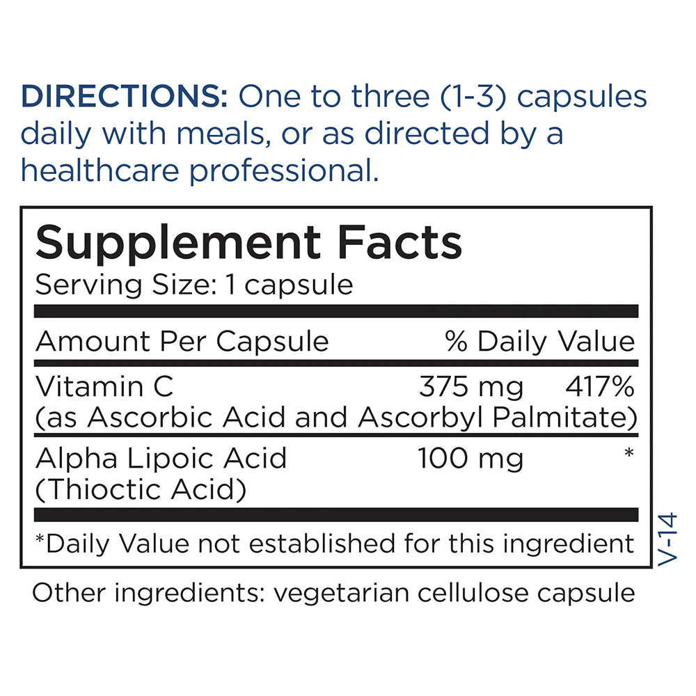 Supplement Facts panel for Metabolic Maintenance Alpha Lipoic Acid 100 mg showing alpha lipoic acid, vitamin C, and serving information