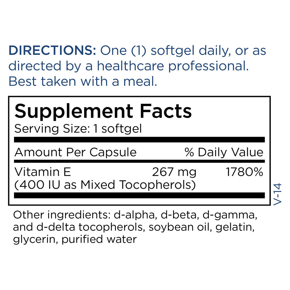 Supplement Facts panel for Metabolic Maintenance Vitamin E Mixed Tocopherols 400 IU showing mixed tocopherol vitamin E content