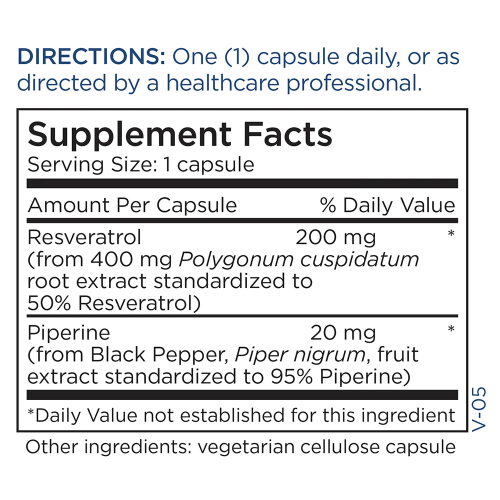 Supplement Facts panel for Metabolic Maintenance Resveratrol with Piperine 200 mg showing trans-resveratrol and black pepper extract