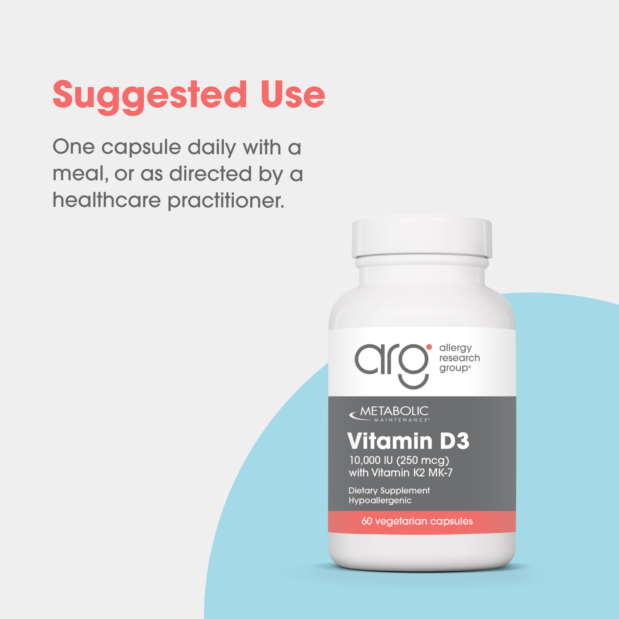 Suggested Use text with a Vitamin D3 Metabolic Maintenance bottle on a light background