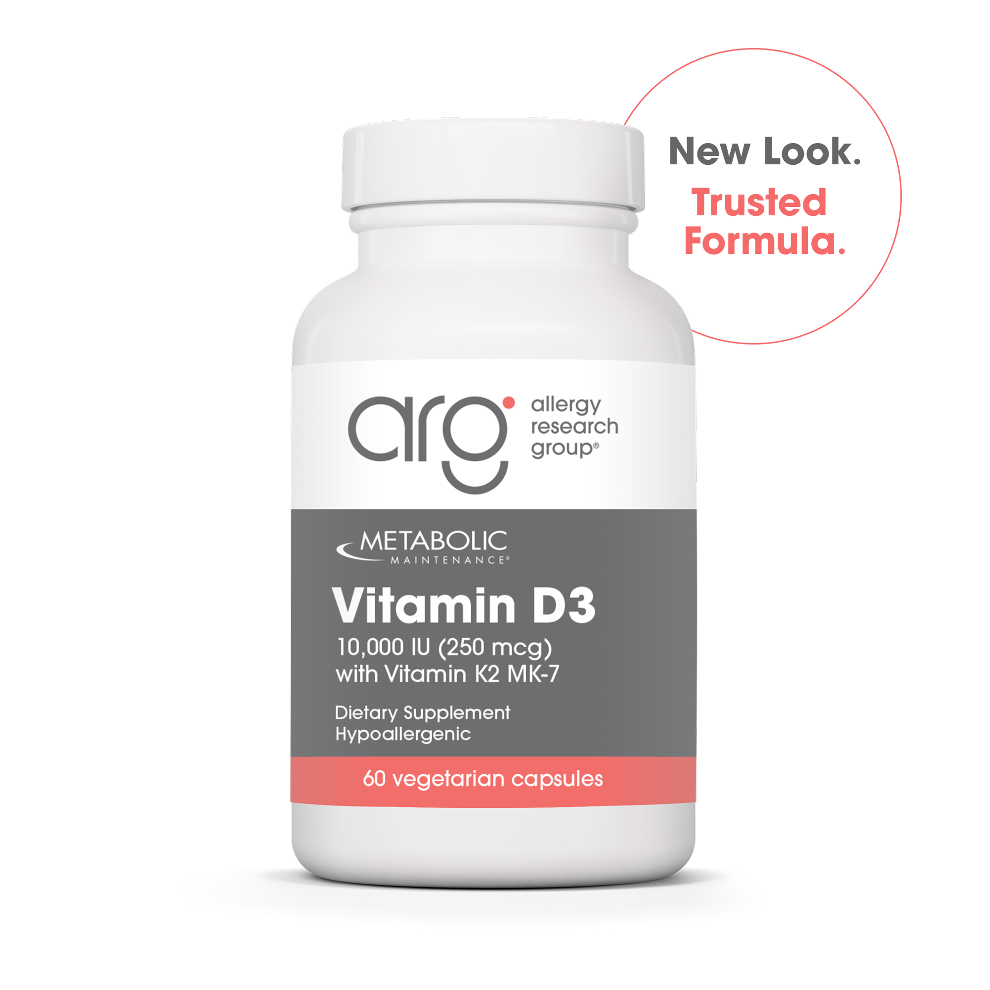 Metabolic Maintenance Vitamin D3 10,000 IU with Vitamin K2 MK-7 bottle featuring New Look Trusted Formula badge