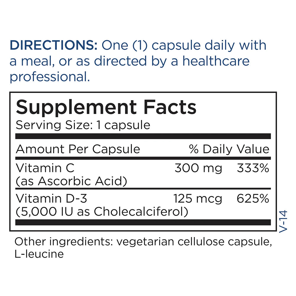 Supplement Facts panel for Vitamin D3 5000 IU showing vitamin D3 amount per serving, serving size, and daily value information