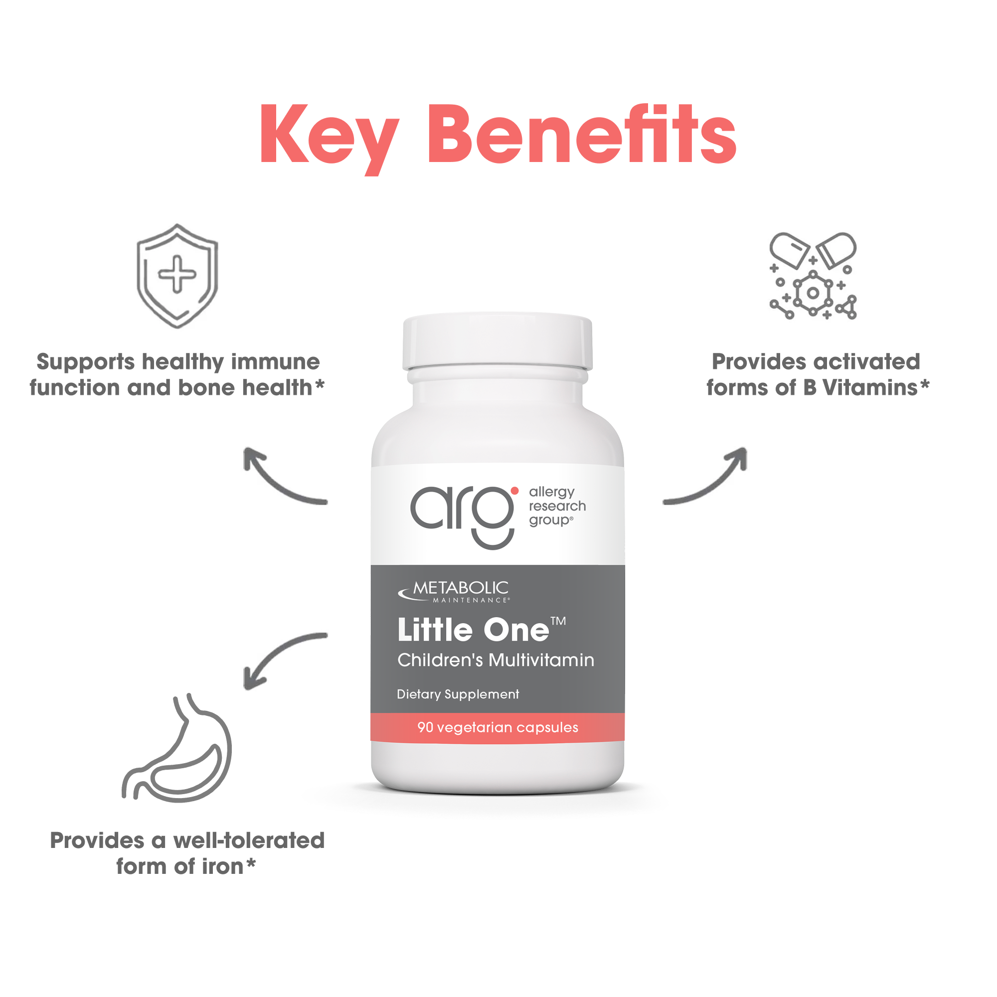 Key Benefits graphic featuring Little One bottle and icons for immune support iron and vitamin forms