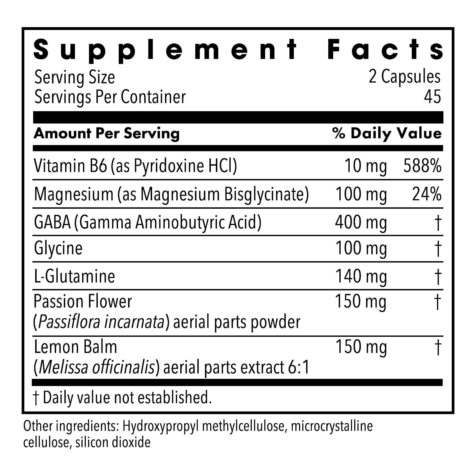 Stress Maintenance Supplement Facts listing ingredients including Vitamin B6 magnesium GABA glycine L-glutamine passion flower and lemon balm.