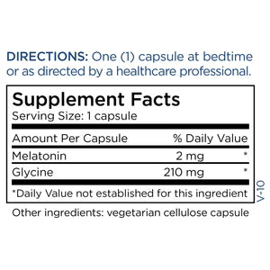 Supplement Facts panel for Melatonin 2 mg showing melatonin, glycine, serving size, and sleep support supplement information