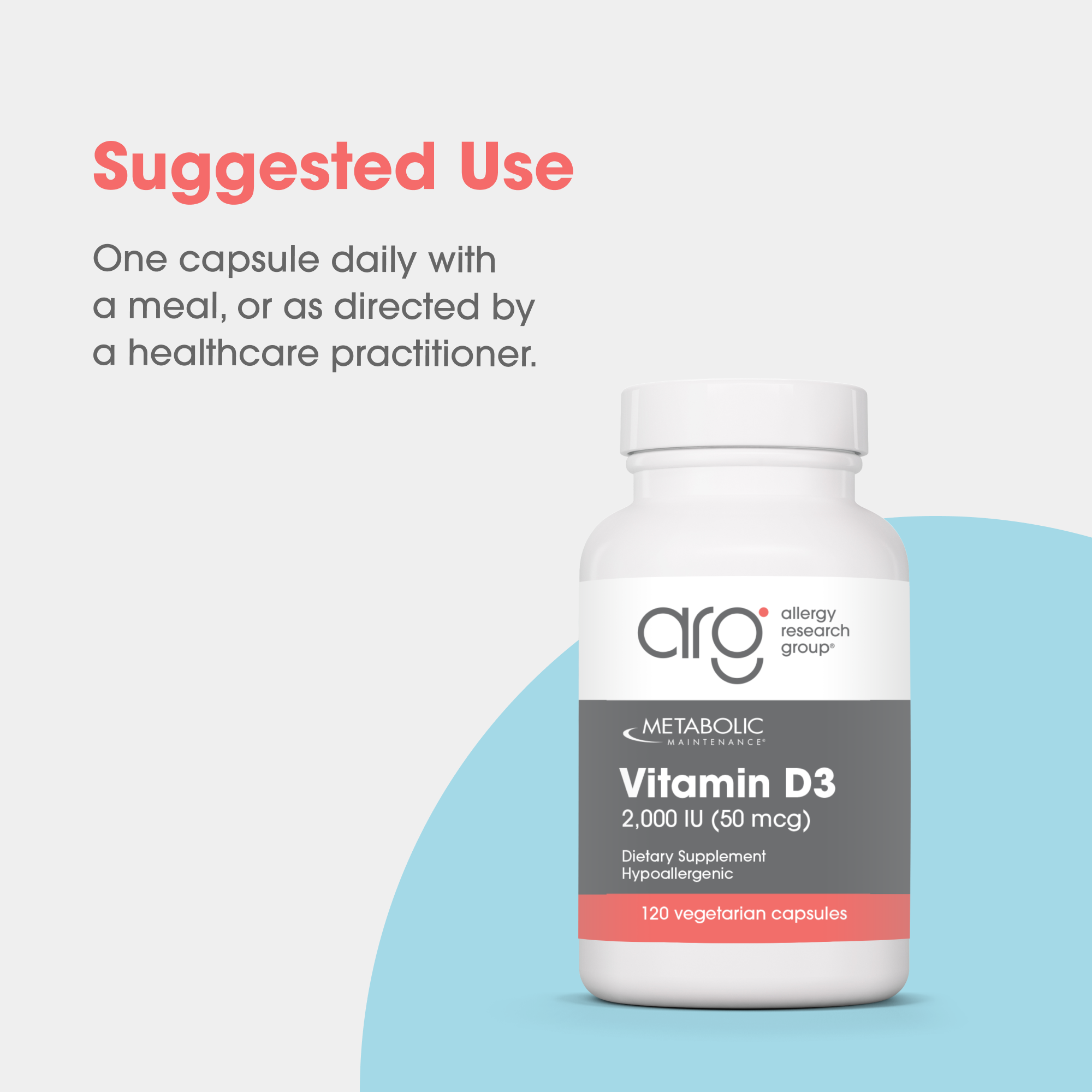 Vitamin D3 bottle on a pale background with suggested use text stating one capsule daily.